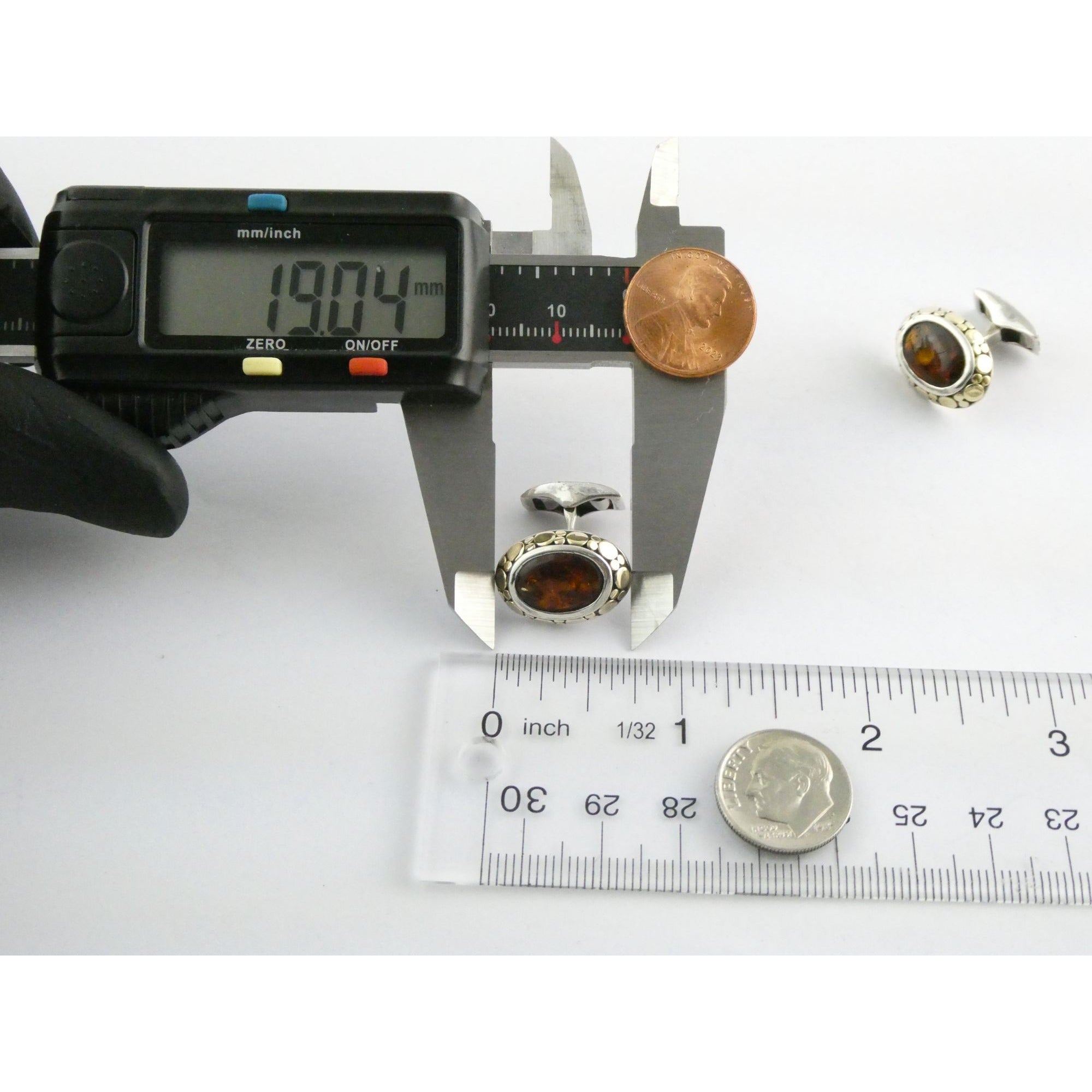 John Hardy 18k Gold Sterling Silver Amber Cabochon Cufflinks 11.2g 19mm Width