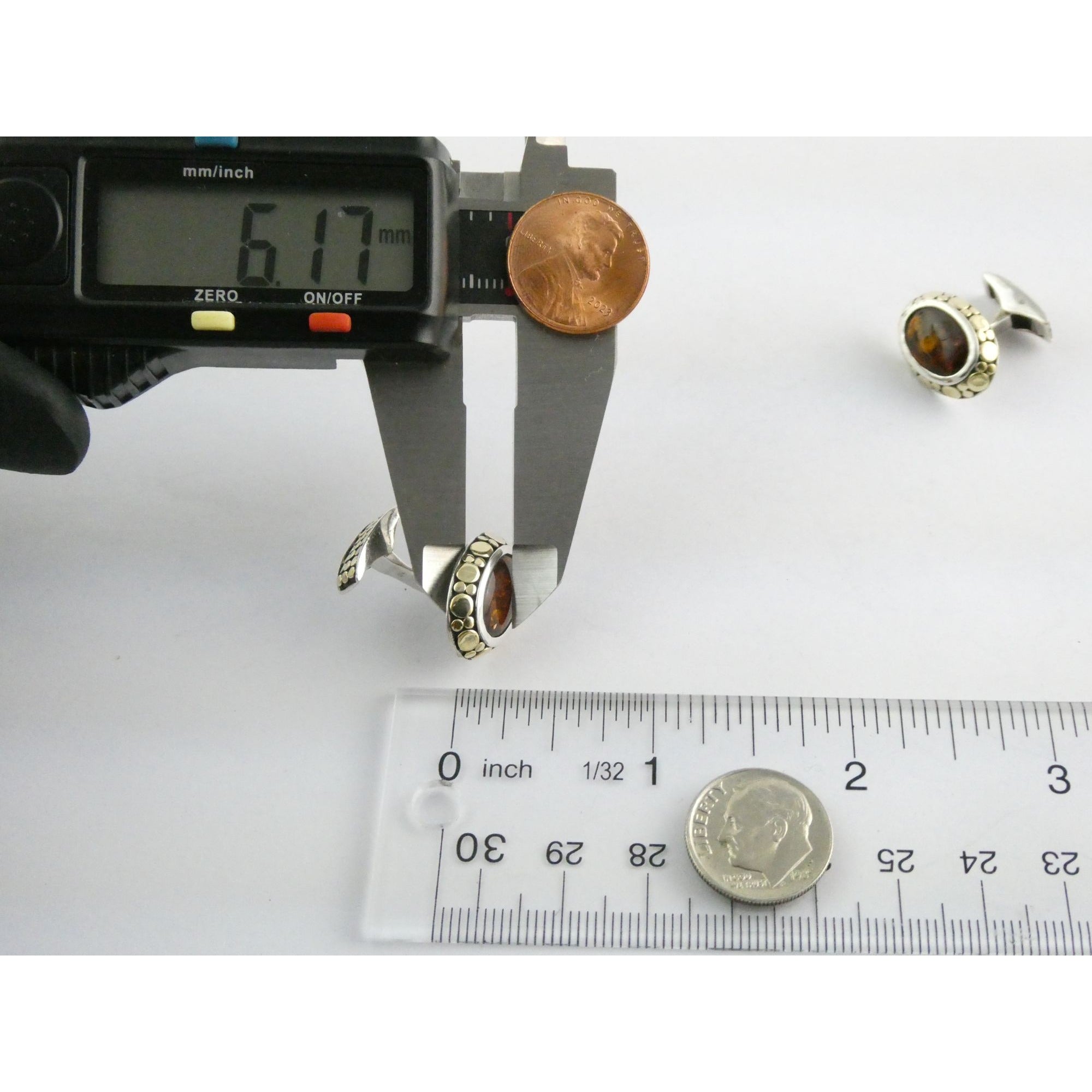 John Hardy 18k Gold Sterling Silver Amber Cabochon Cufflinks 11.2g 19mm Width