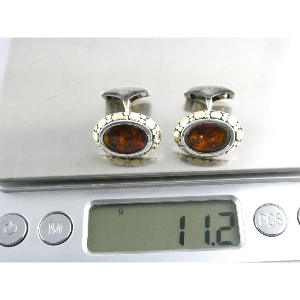 John Hardy 18k Gold Sterling Silver Amber Cabochon Cufflinks 11.2g 19mm Width