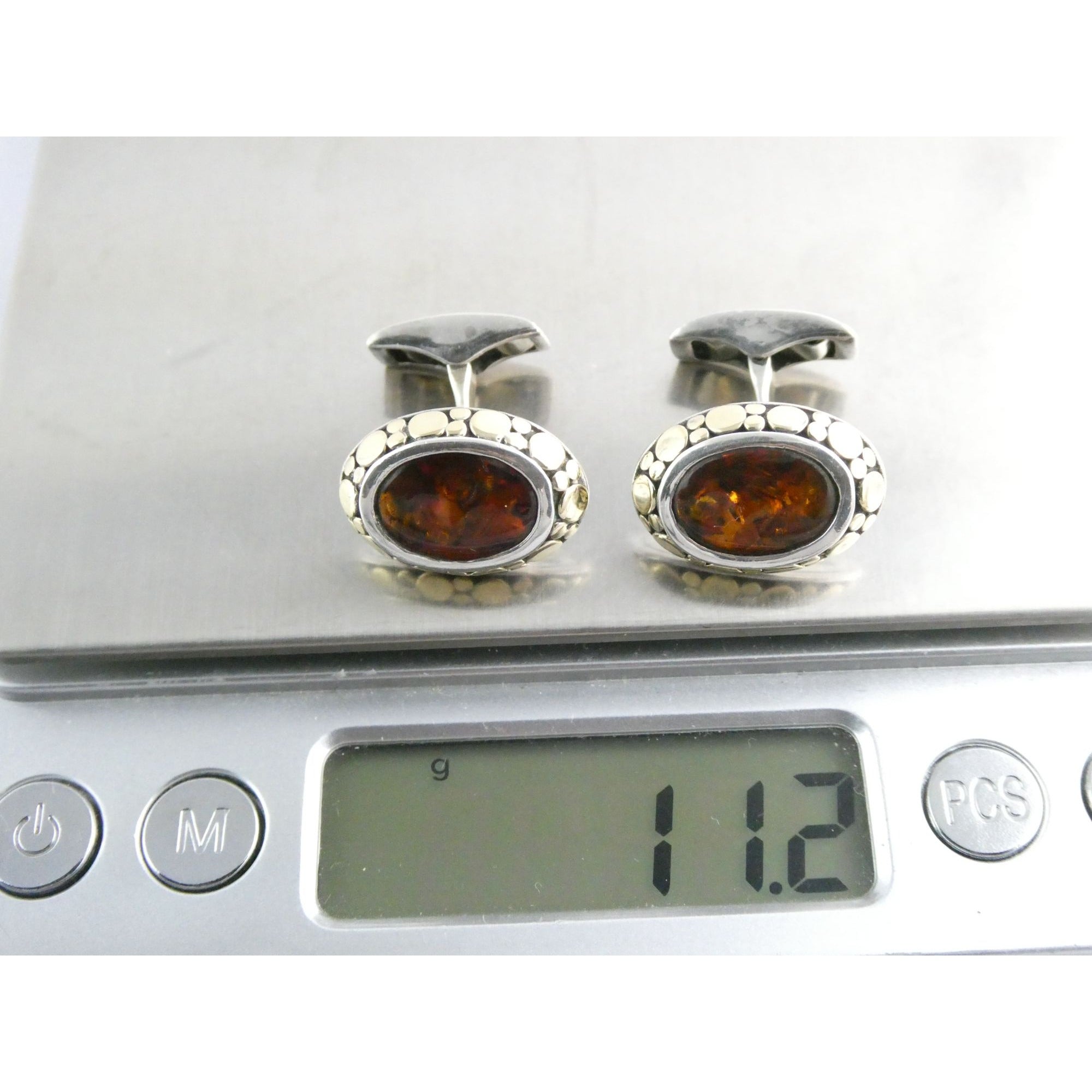 John Hardy 18k Gold Sterling Silver Amber Cabochon Cufflinks 11.2g 19mm Width