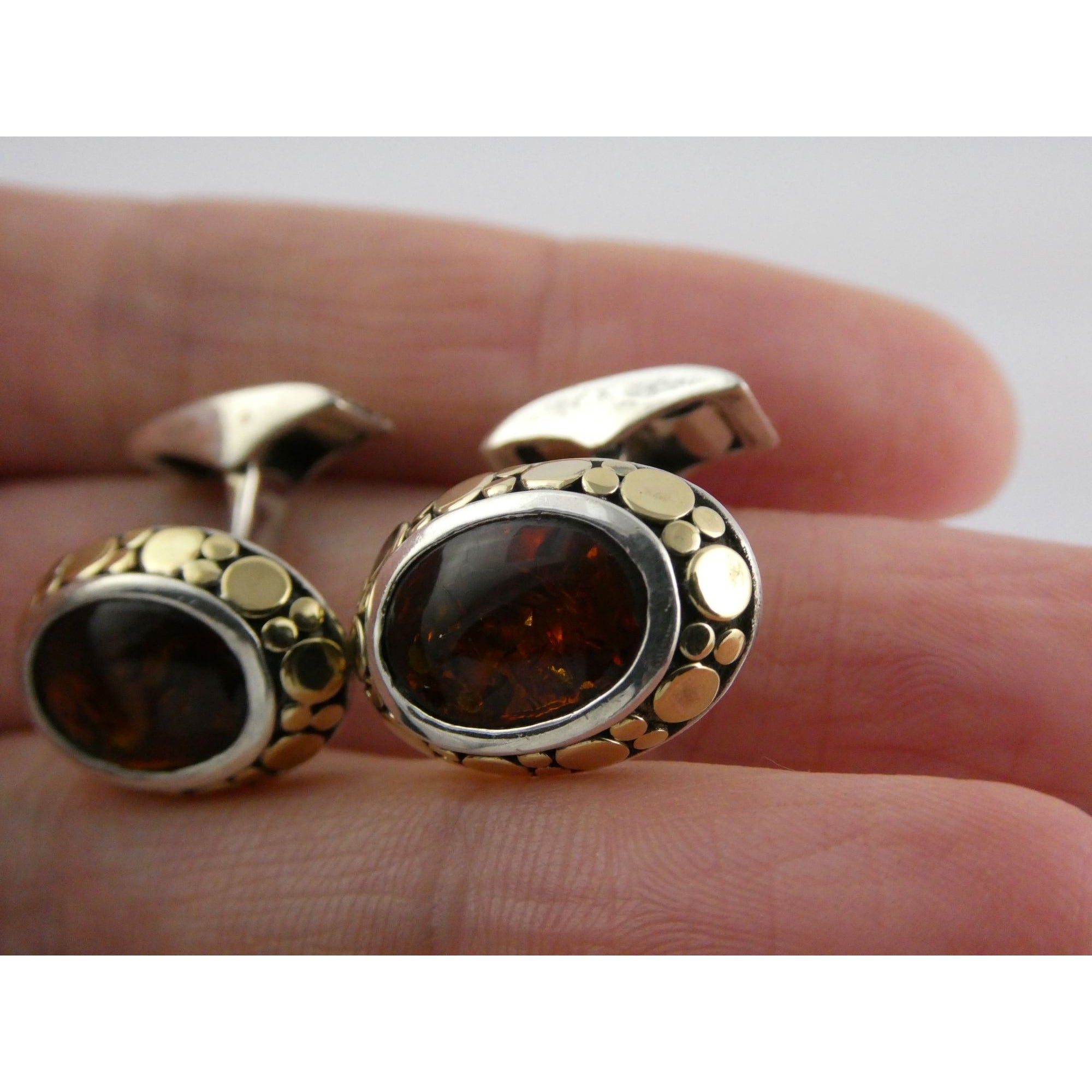 John Hardy 18k Gold Sterling Silver Amber Cabochon Cufflinks 11.2g 19mm Width