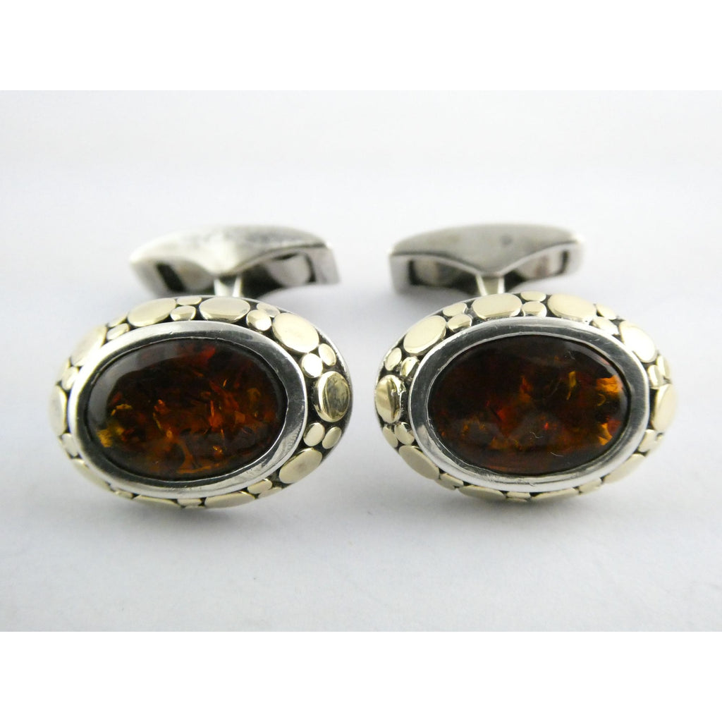 John Hardy 18k Gold Sterling Silver Amber Cabochon Cufflinks 11.2g 19mm Width
