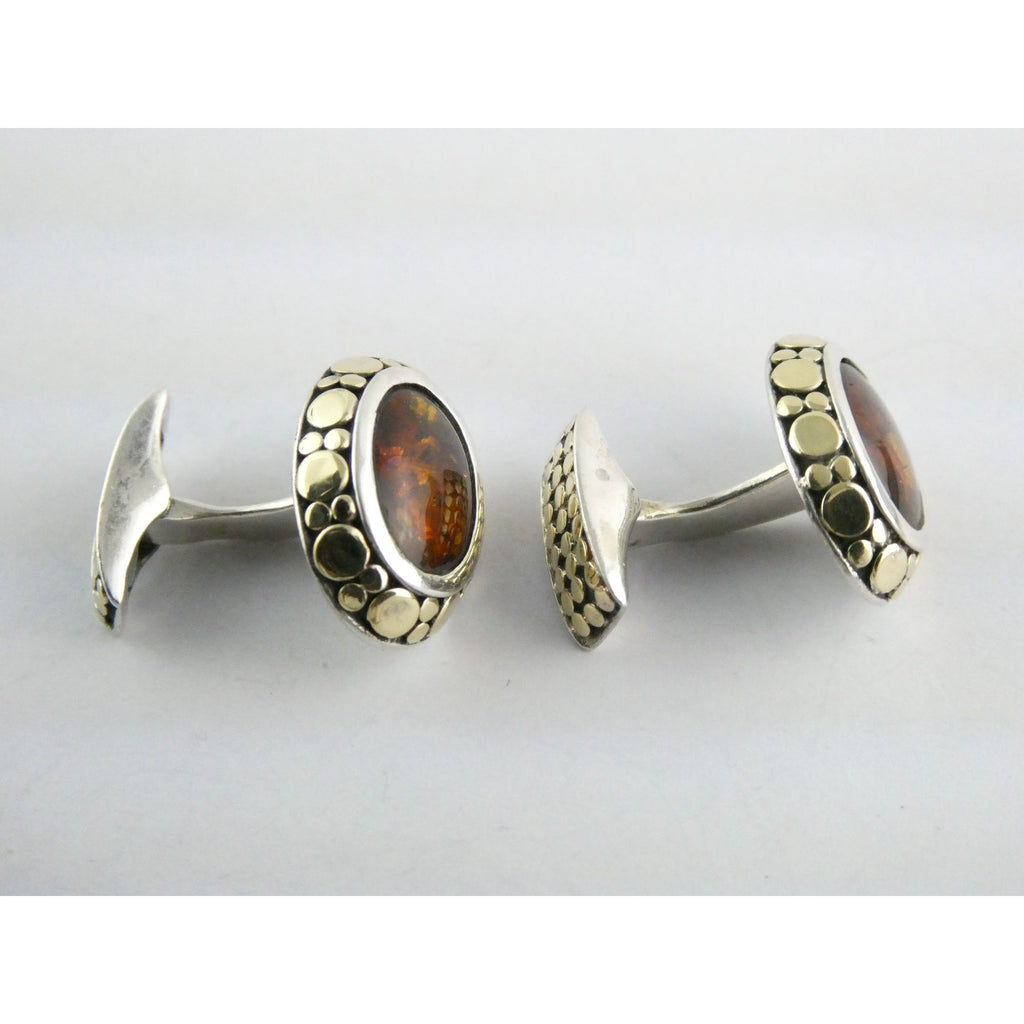 John Hardy 18k Gold Sterling Silver Amber Cabochon Cufflinks 11.2g 19mm Width