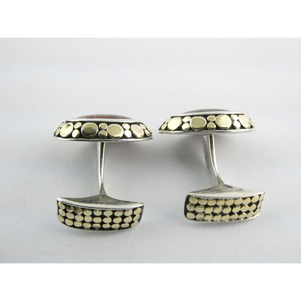 John Hardy 18k Gold Sterling Silver Amber Cabochon Cufflinks 11.2g 19mm Width