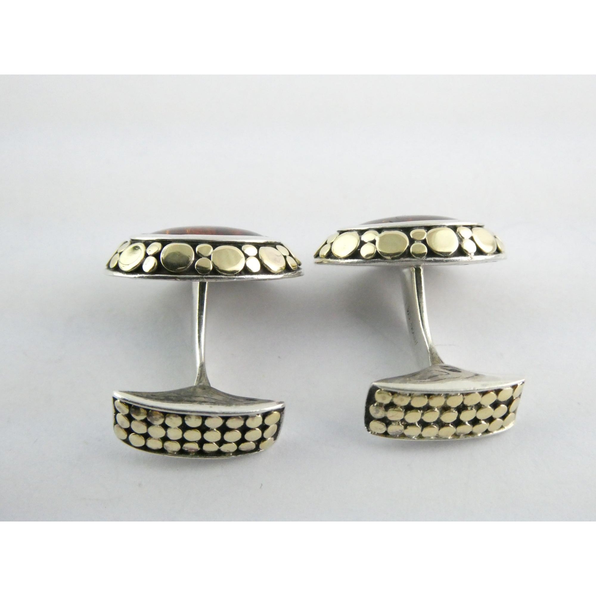 John Hardy 18k Gold Sterling Silver Amber Cabochon Cufflinks 11.2g 19mm Width
