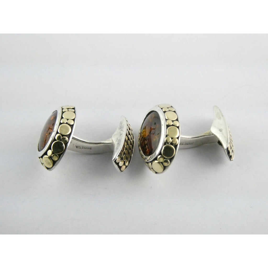 John Hardy 18k Gold Sterling Silver Amber Cabochon Cufflinks 11.2g 19mm Width