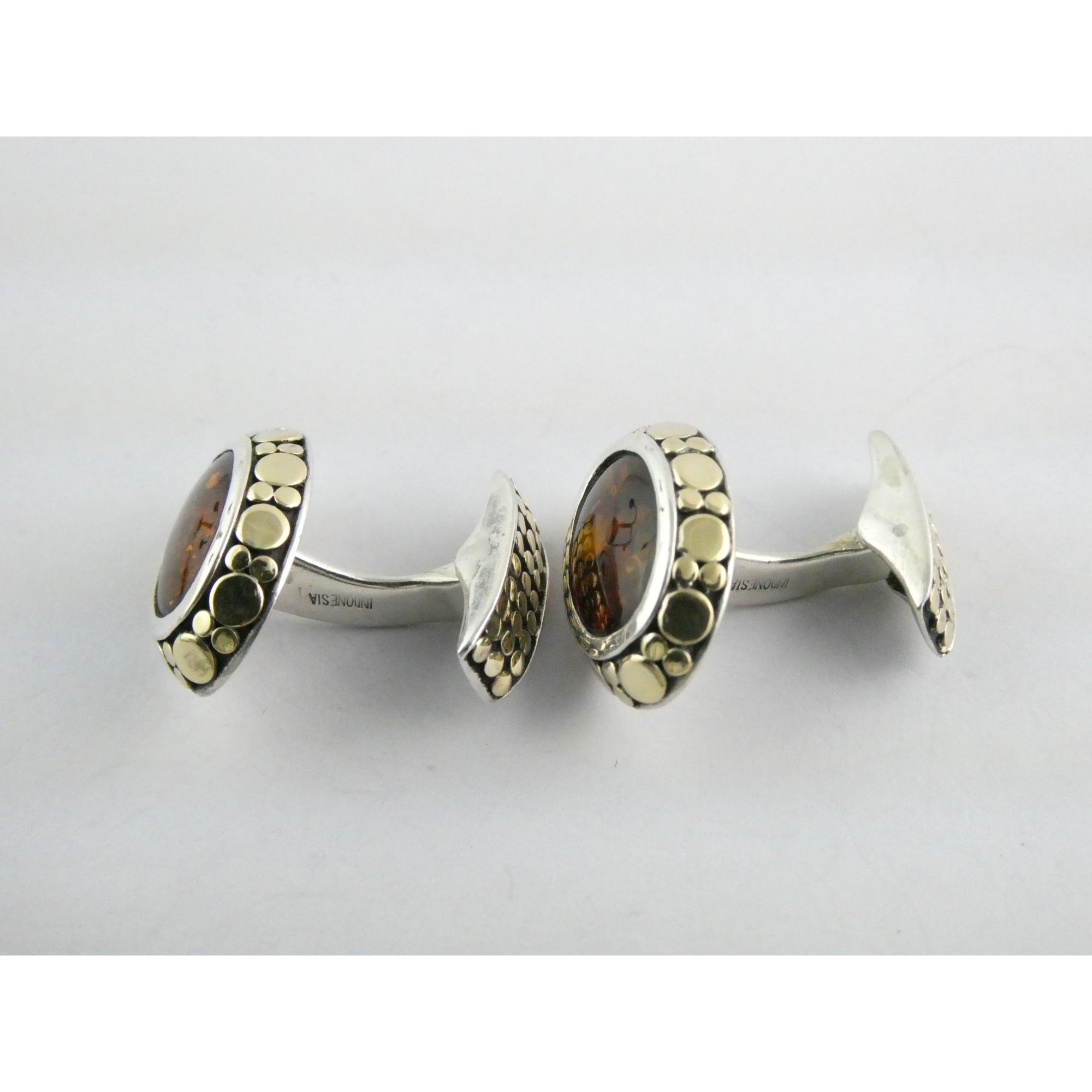 John Hardy 18k Gold Sterling Silver Amber Cabochon Cufflinks 11.2g 19mm Width
