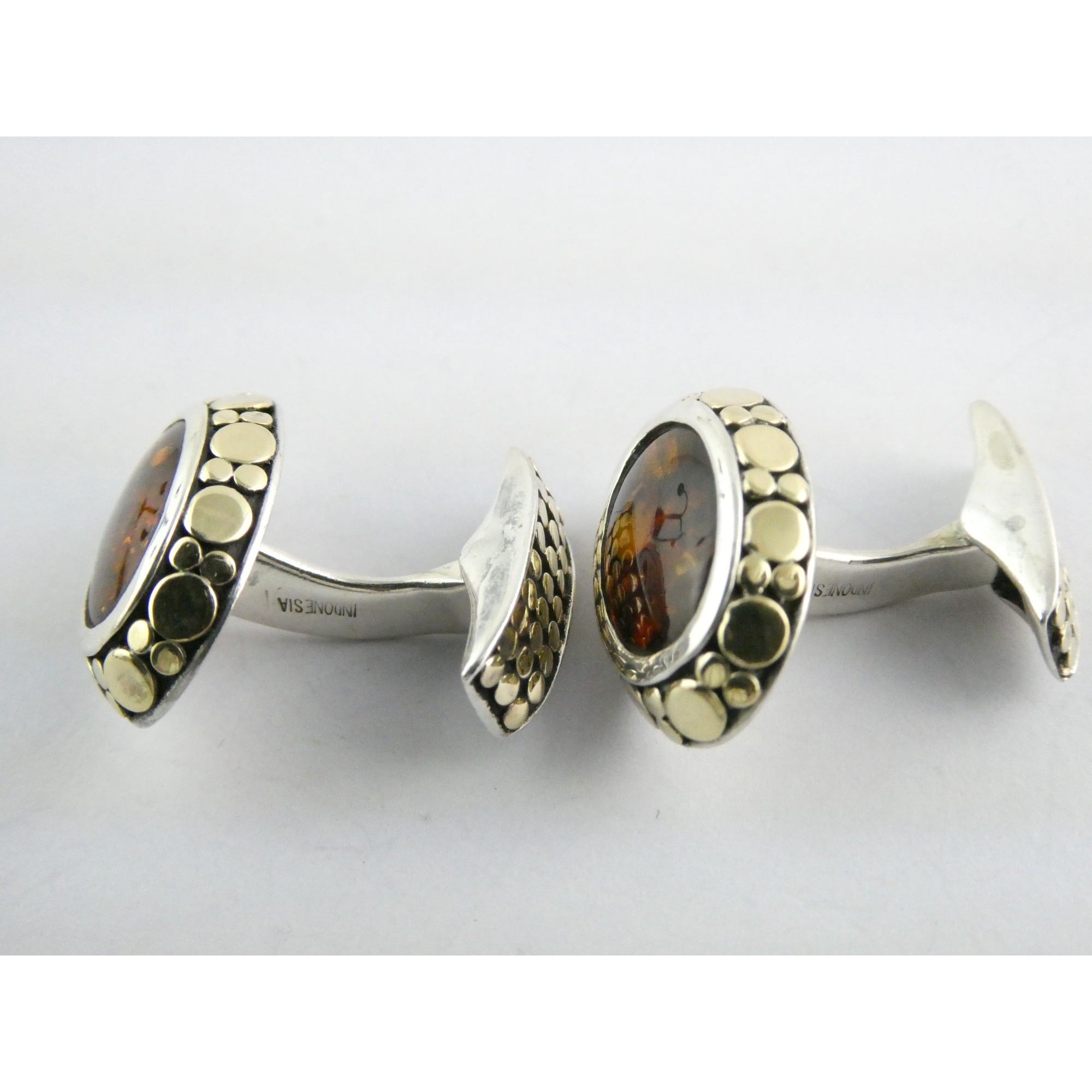 John Hardy 18k Gold Sterling Silver Amber Cabochon Cufflinks 11.2g 19mm Width