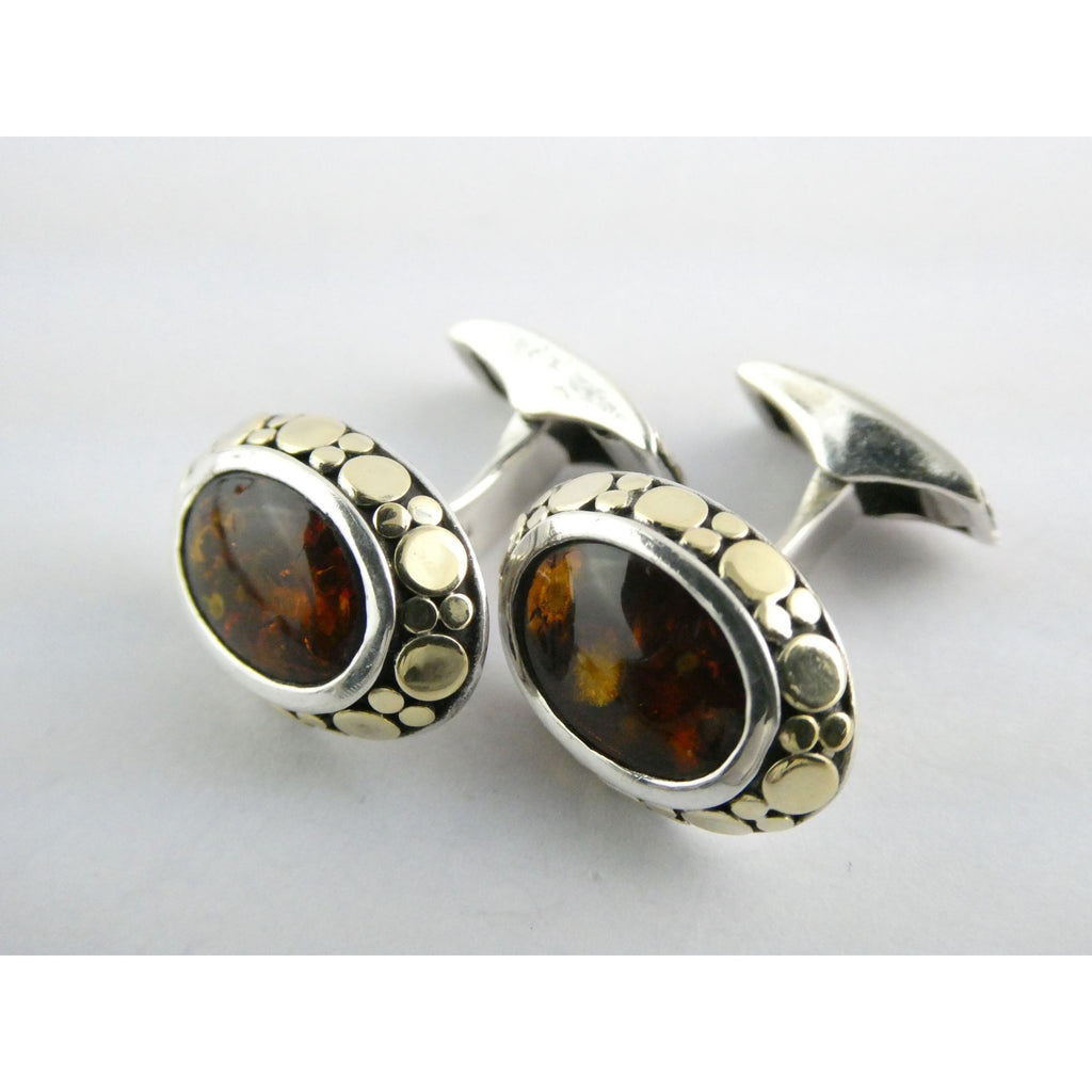 John Hardy 18k Gold Sterling Silver Amber Cabochon Cufflinks 11.2g 19mm Width