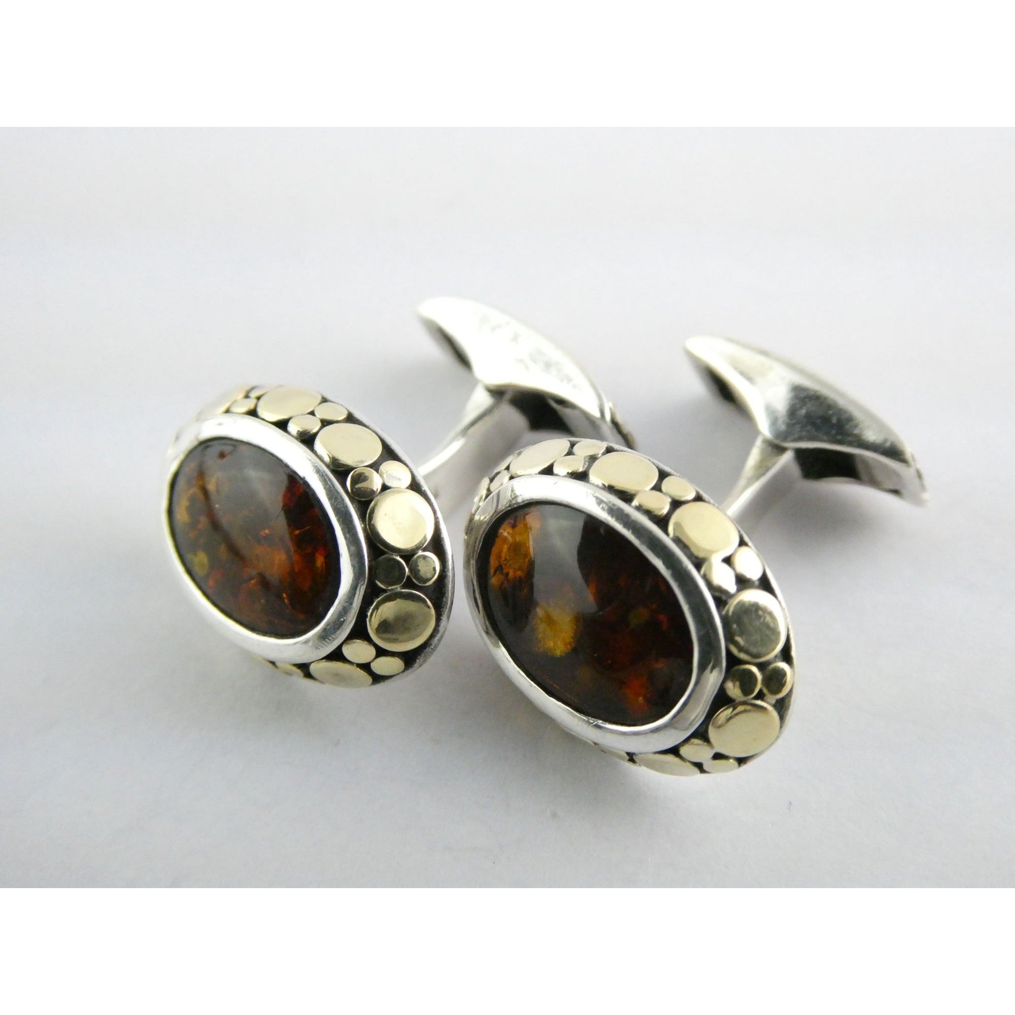 John Hardy 18k Gold Sterling Silver Amber Cabochon Cufflinks 11.2g 19mm Width
