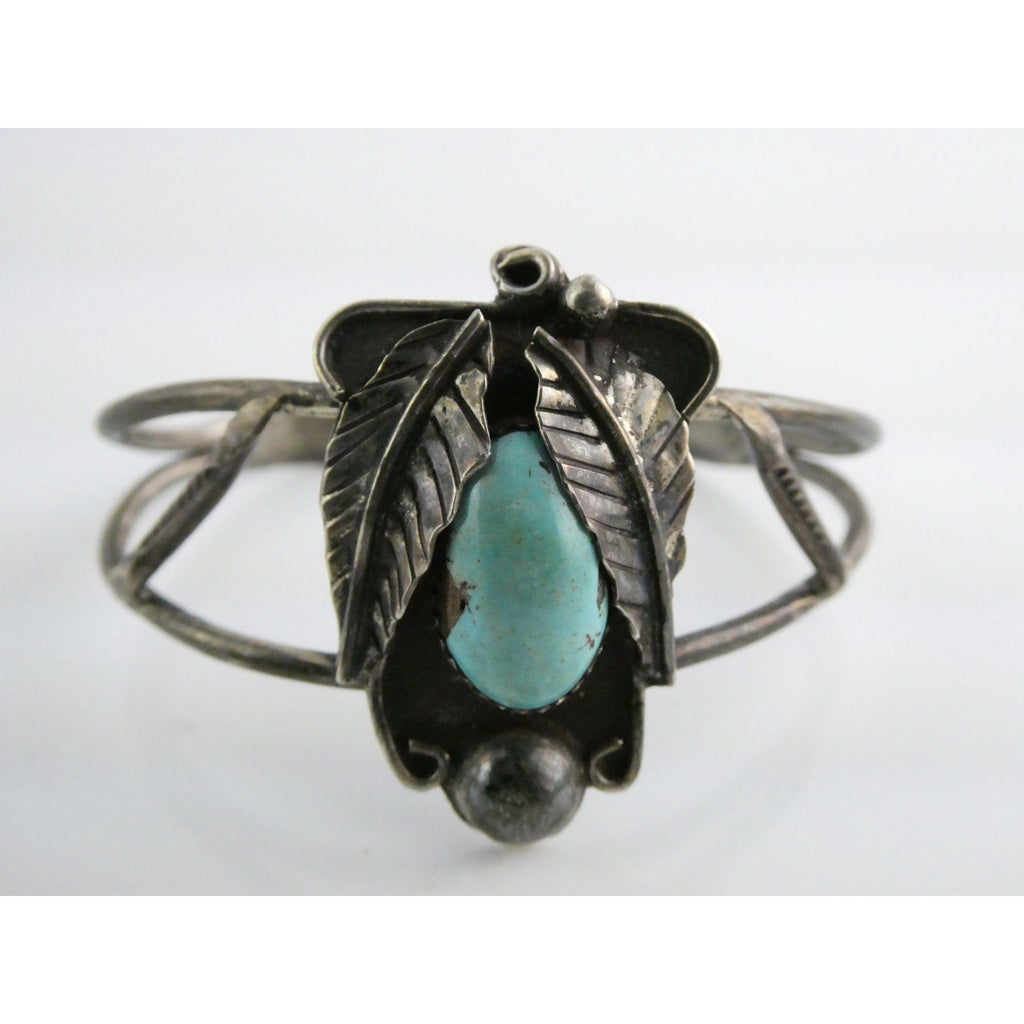 Southwestern Unmarked Sterling Silver Turquoise Leaves Cuff Bracelet 5.75 In 16g