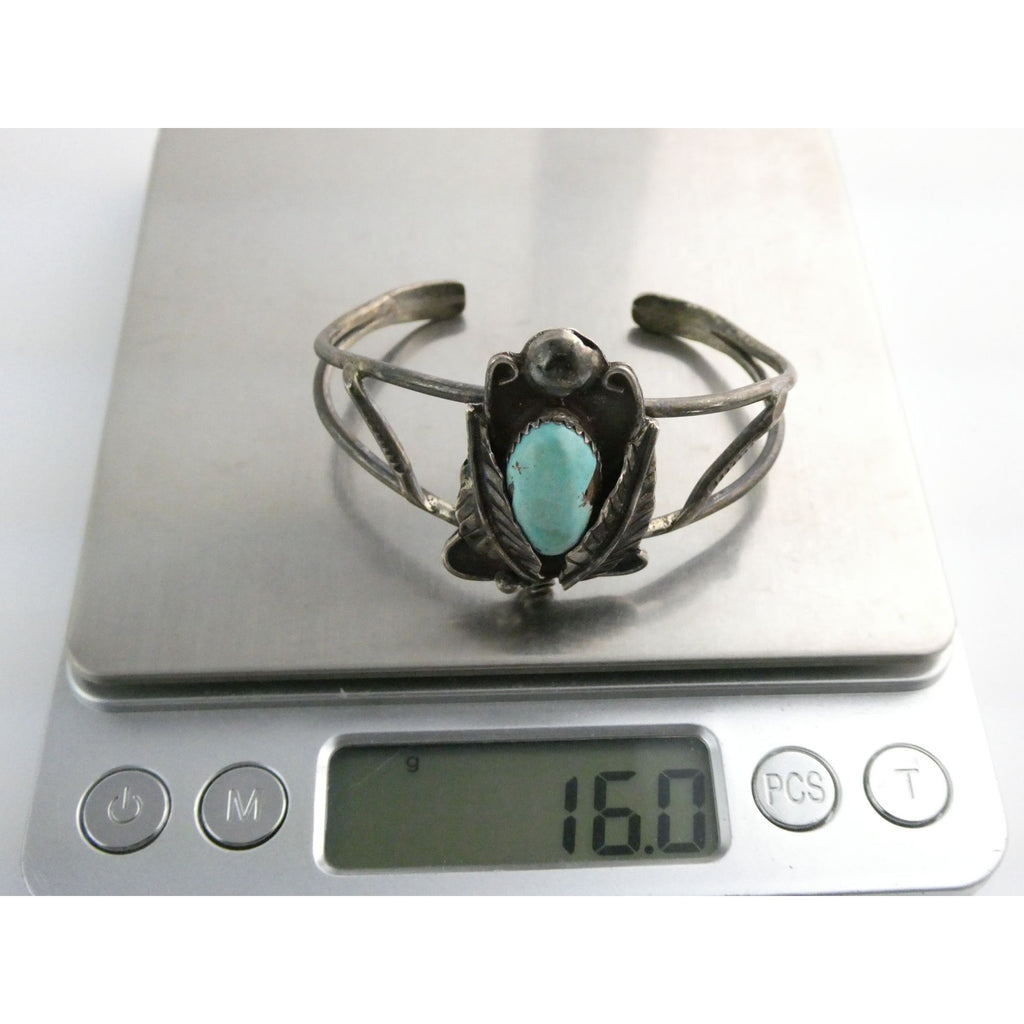 Southwestern Unmarked Sterling Silver Turquoise Leaves Cuff Bracelet 5.75 In 16g