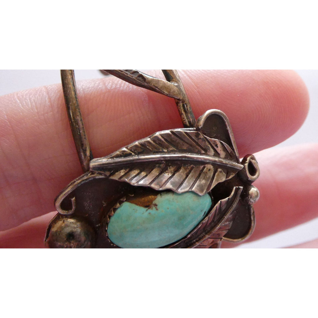 Southwestern Unmarked Sterling Silver Turquoise Leaves Cuff Bracelet 5.75 In 16g