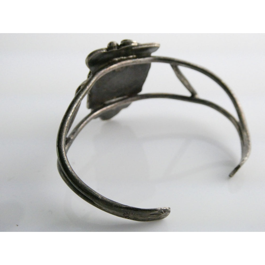 Southwestern Unmarked Sterling Silver Turquoise Leaves Cuff Bracelet 5.75 In 16g