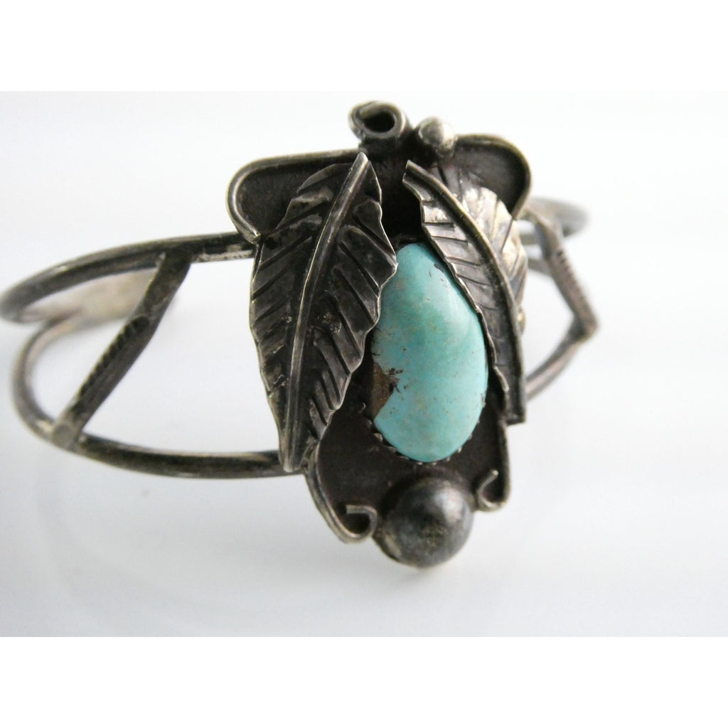 Southwestern Unmarked Sterling Silver Turquoise Leaves Cuff Bracelet 5.75 In 16g