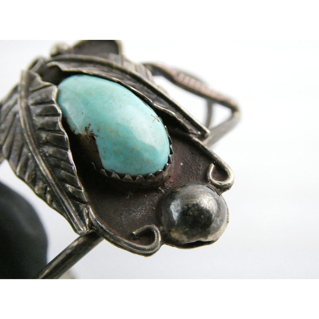 Southwestern Unmarked Sterling Silver Turquoise Leaves Cuff Bracelet 5.75 In 16g