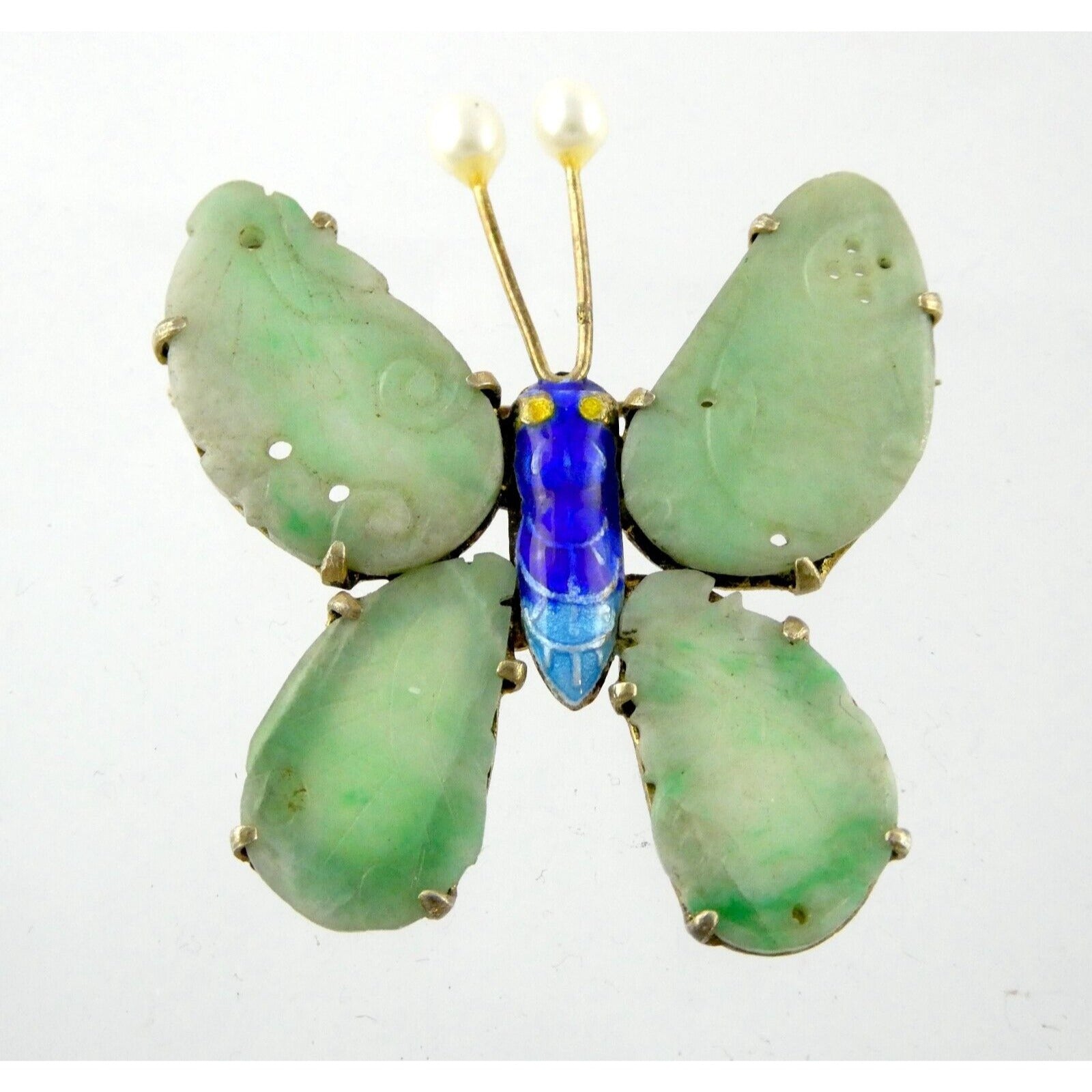 Vintage Chinese Export Gilded Silver Enamel and Carved Jade Butterfly Pin Brooch
