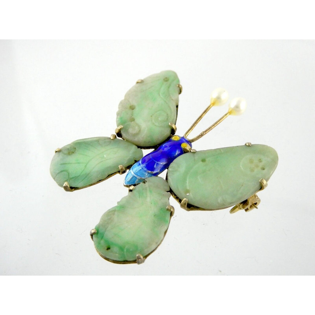 Vintage Chinese Export Gilded Silver Enamel and Carved Jade Butterfly Pin Brooch