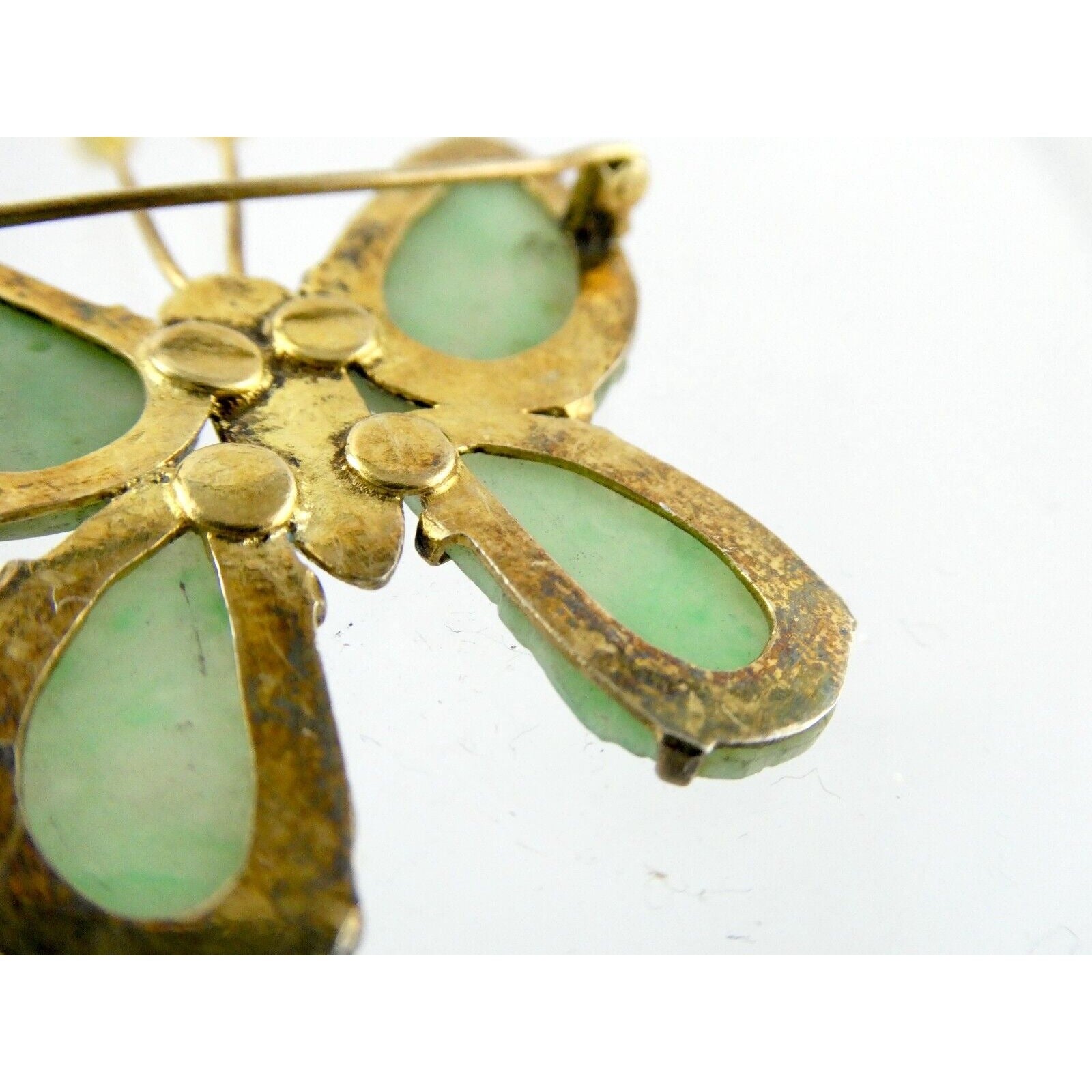 Vintage Chinese Export Gilded Silver Enamel and Carved Jade Butterfly Pin Brooch