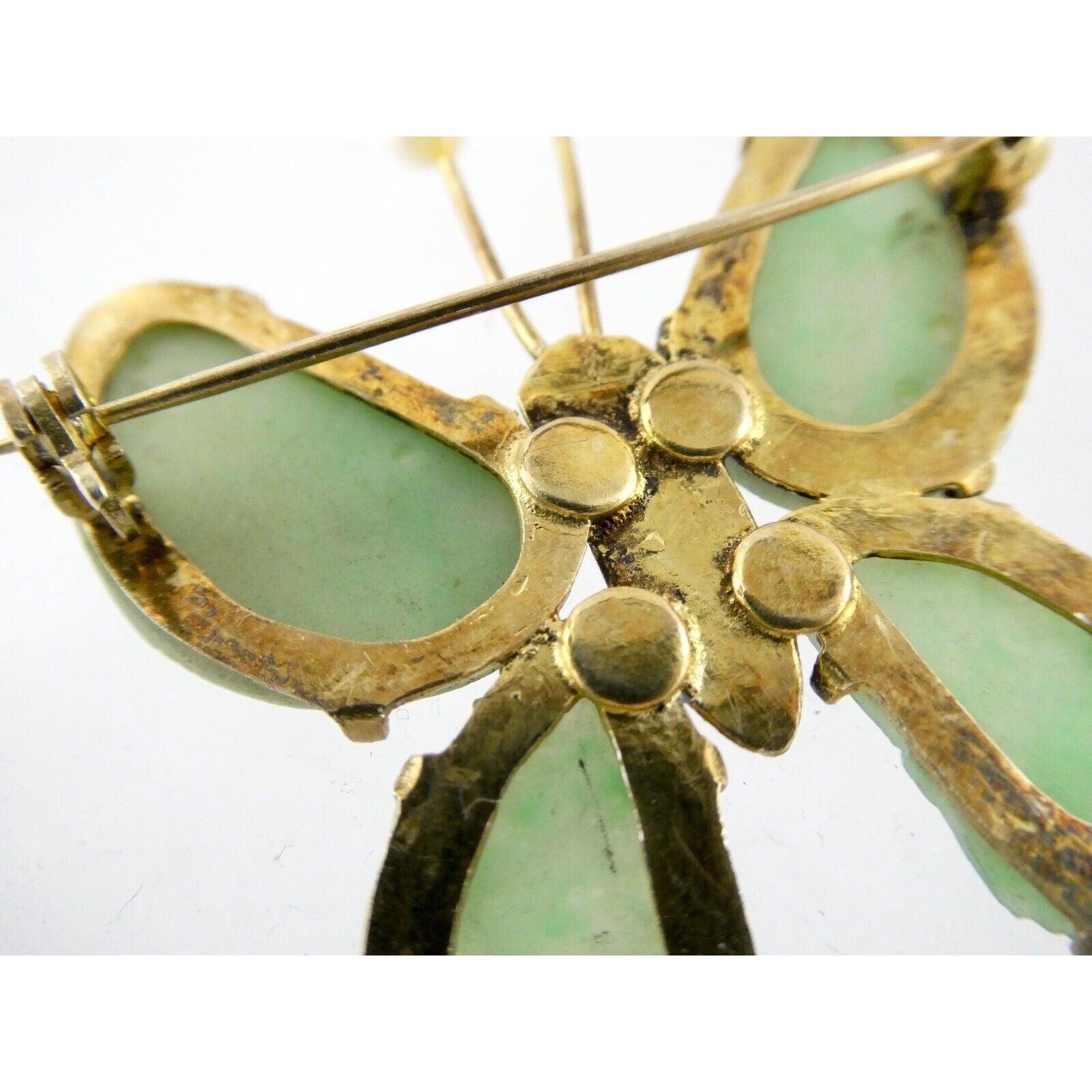 Vintage Chinese Export Gilded Silver Enamel and Carved Jade Butterfly Pin Brooch