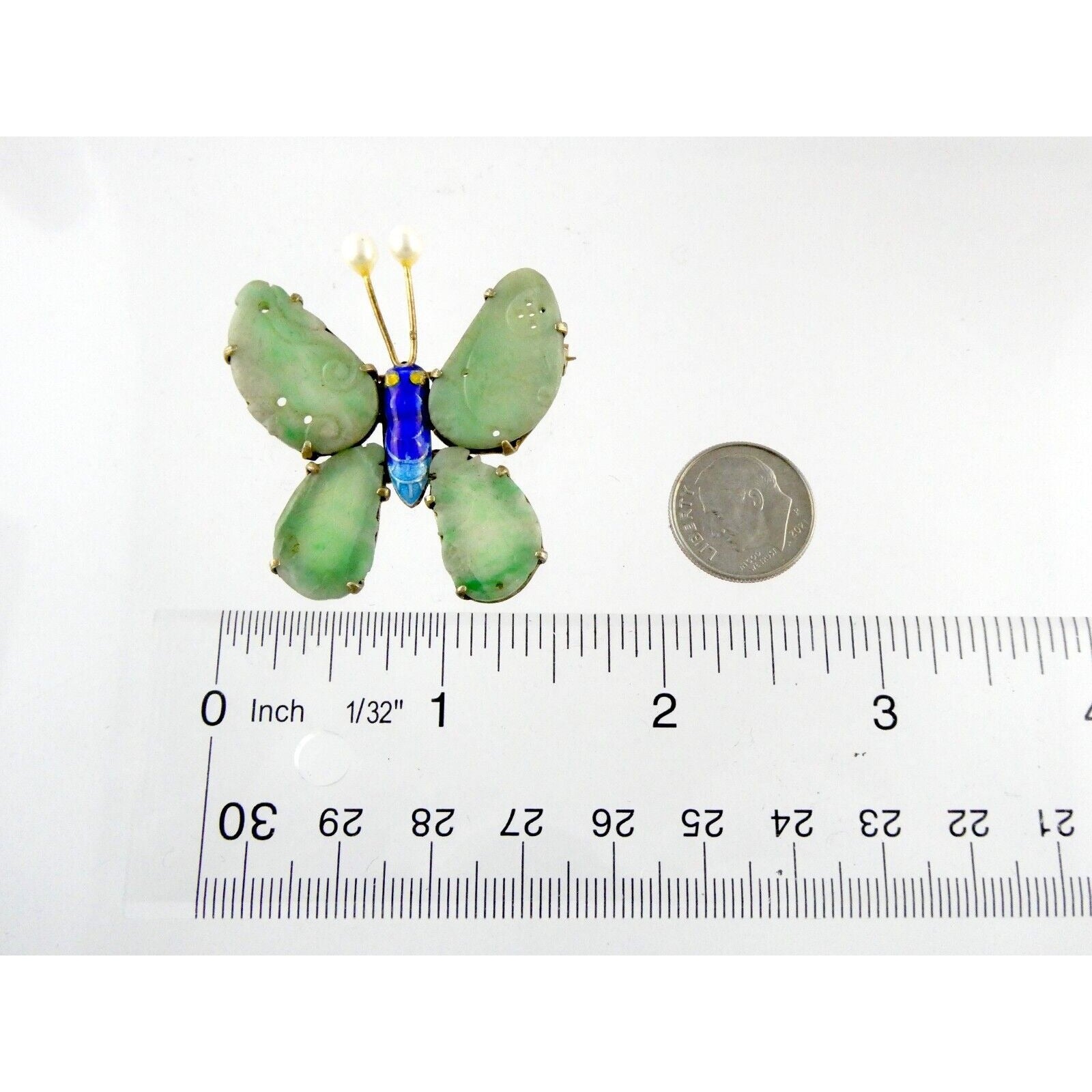 Vintage Chinese Export Gilded Silver Enamel and Carved Jade Butterfly Pin Brooch