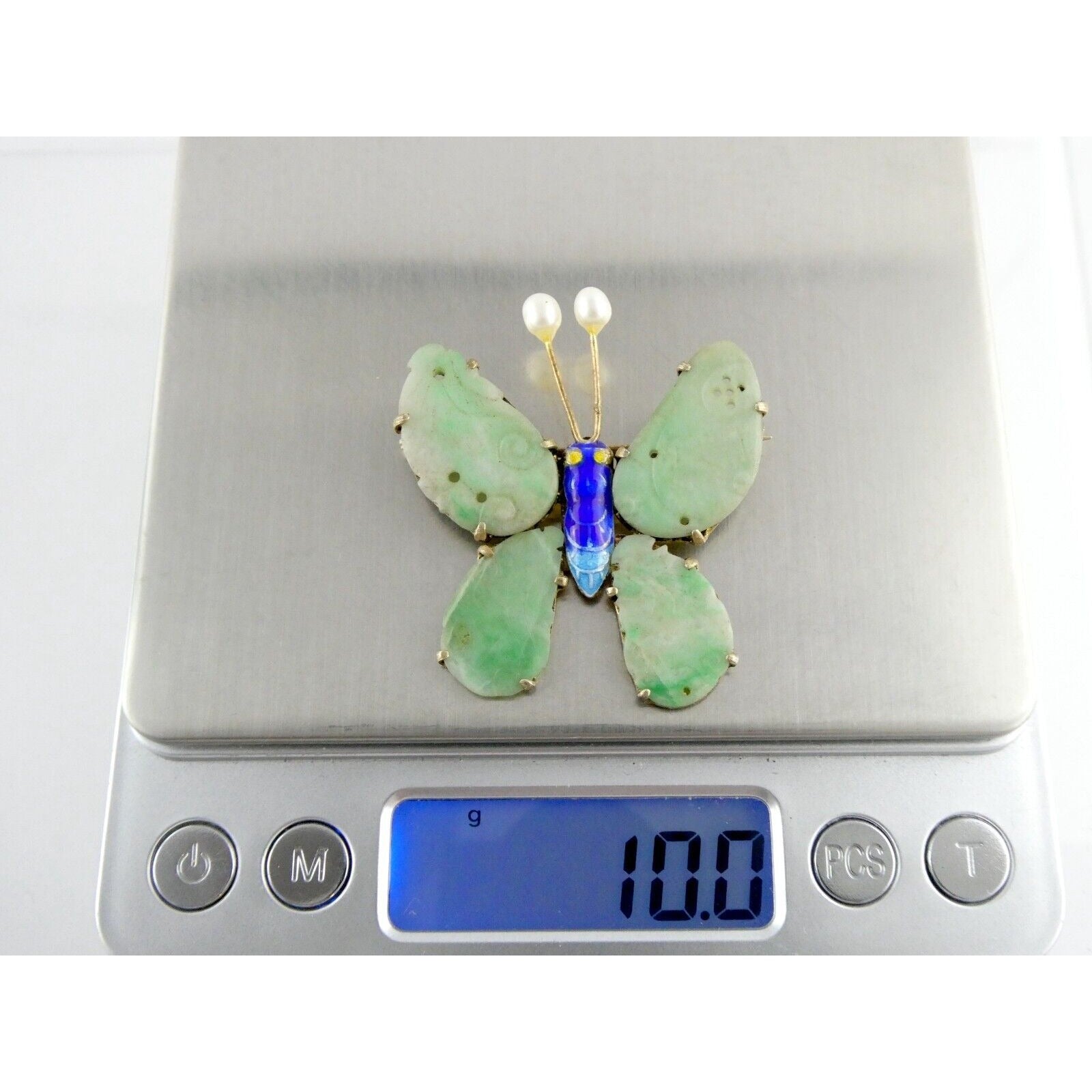 Vintage Chinese Export Gilded Silver Enamel and Carved Jade Butterfly Pin Brooch