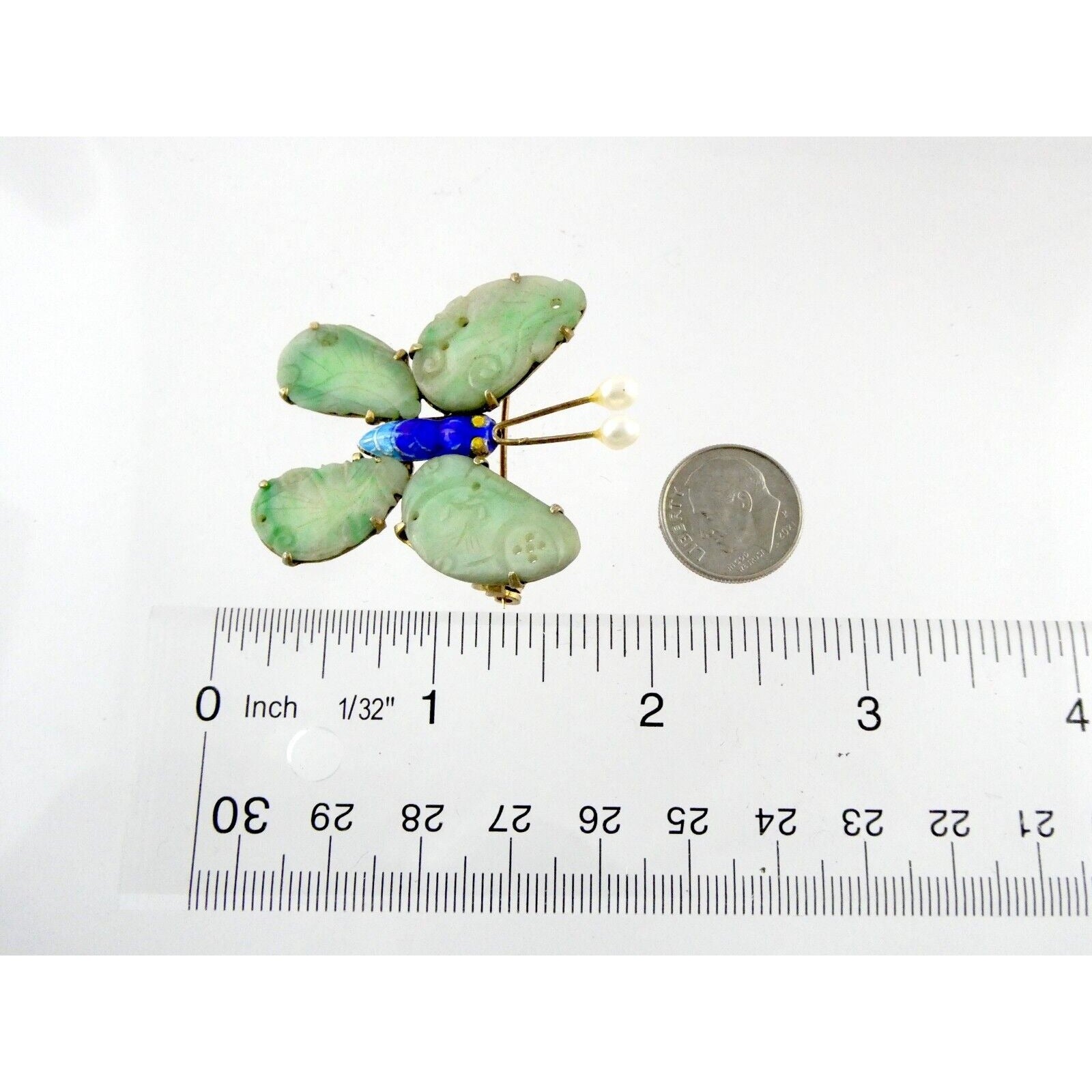 Vintage Chinese Export Gilded Silver Enamel and Carved Jade Butterfly Pin Brooch