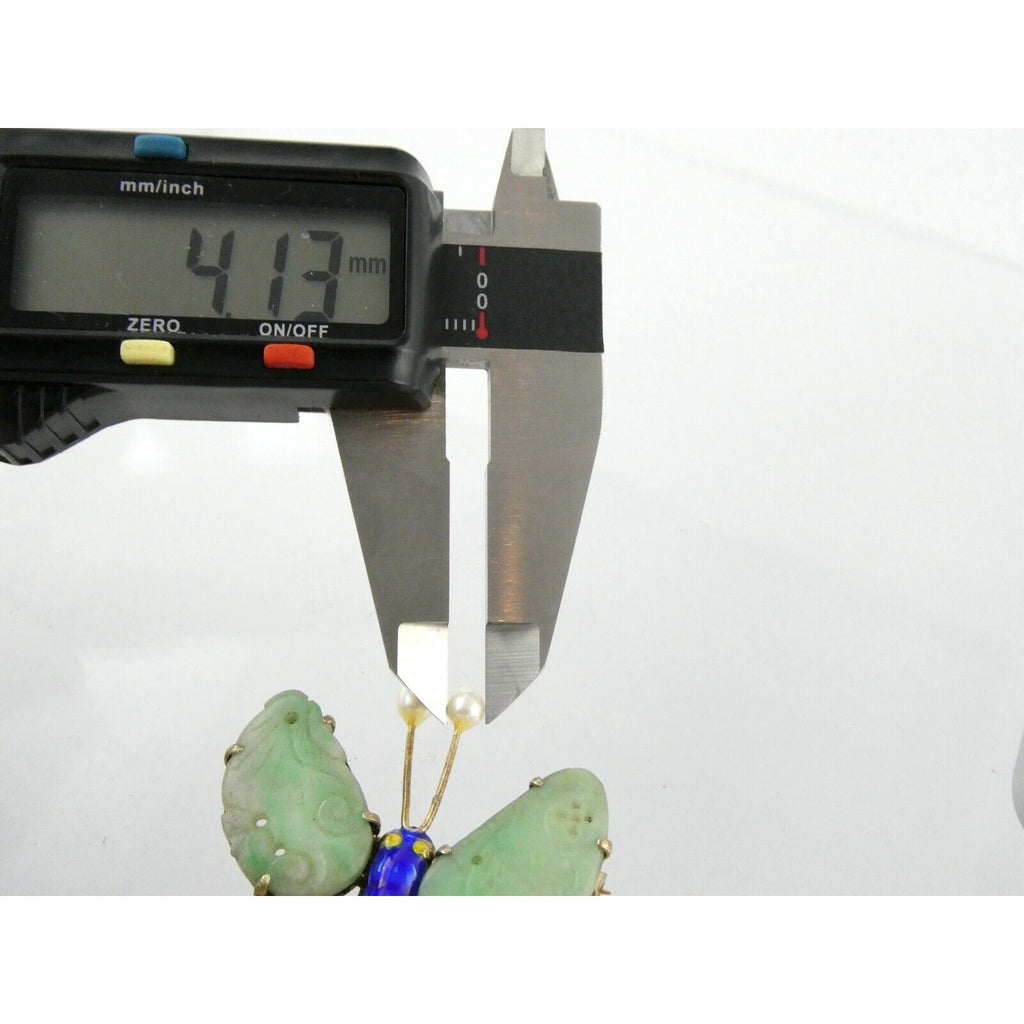 Vintage Chinese Export Gilded Silver Enamel and Carved Jade Butterfly Pin Brooch