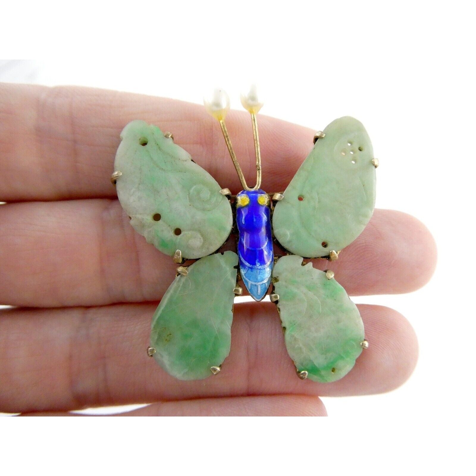 Vintage Chinese Export Gilded Silver Enamel and Carved Jade Butterfly Pin Brooch