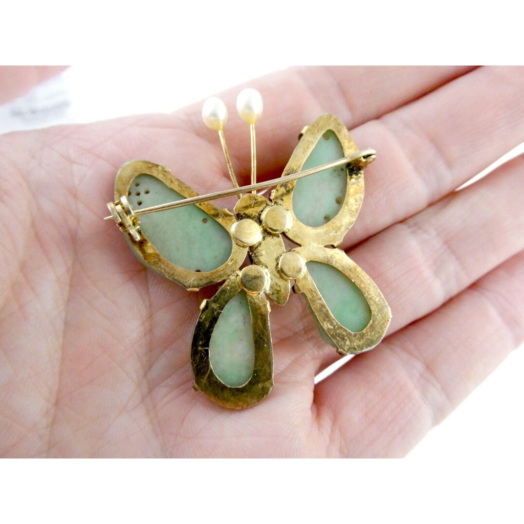 Vintage Chinese Export Gilded Silver Enamel and Carved Jade Butterfly Pin Brooch