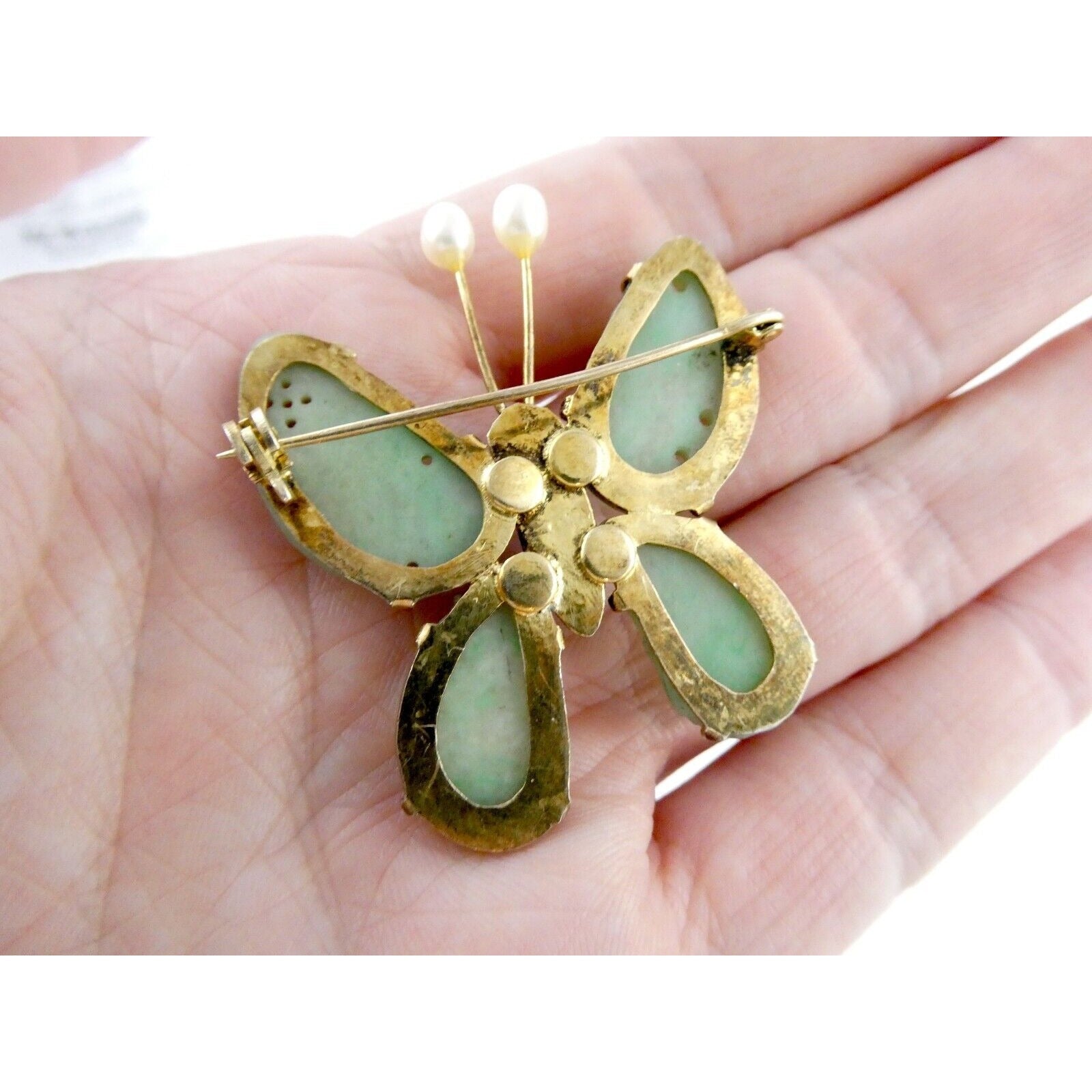 Vintage Chinese Export Gilded Silver Enamel and Carved Jade Butterfly Pin Brooch