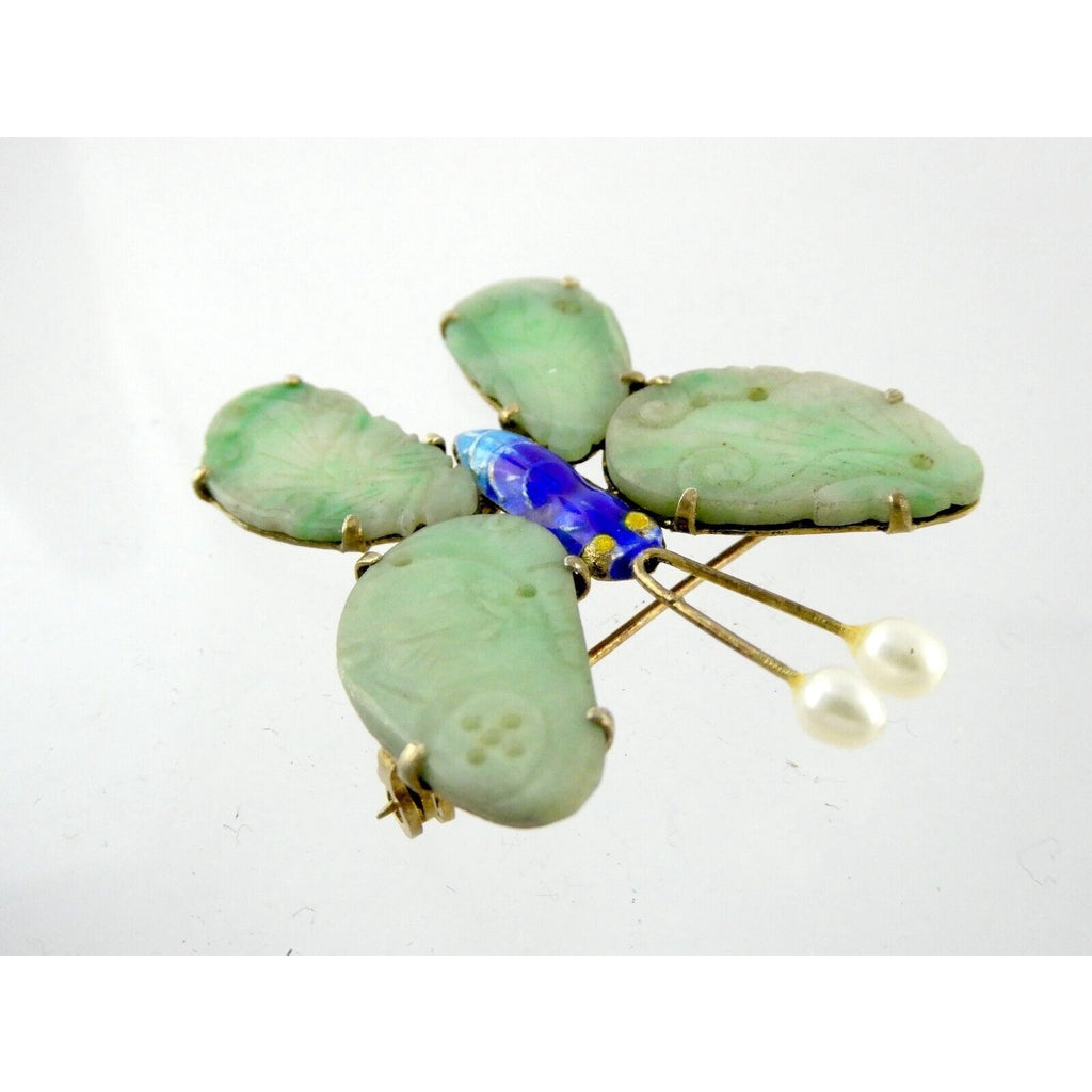 Vintage Chinese Export Gilded Silver Enamel and Carved Jade Butterfly Pin Brooch