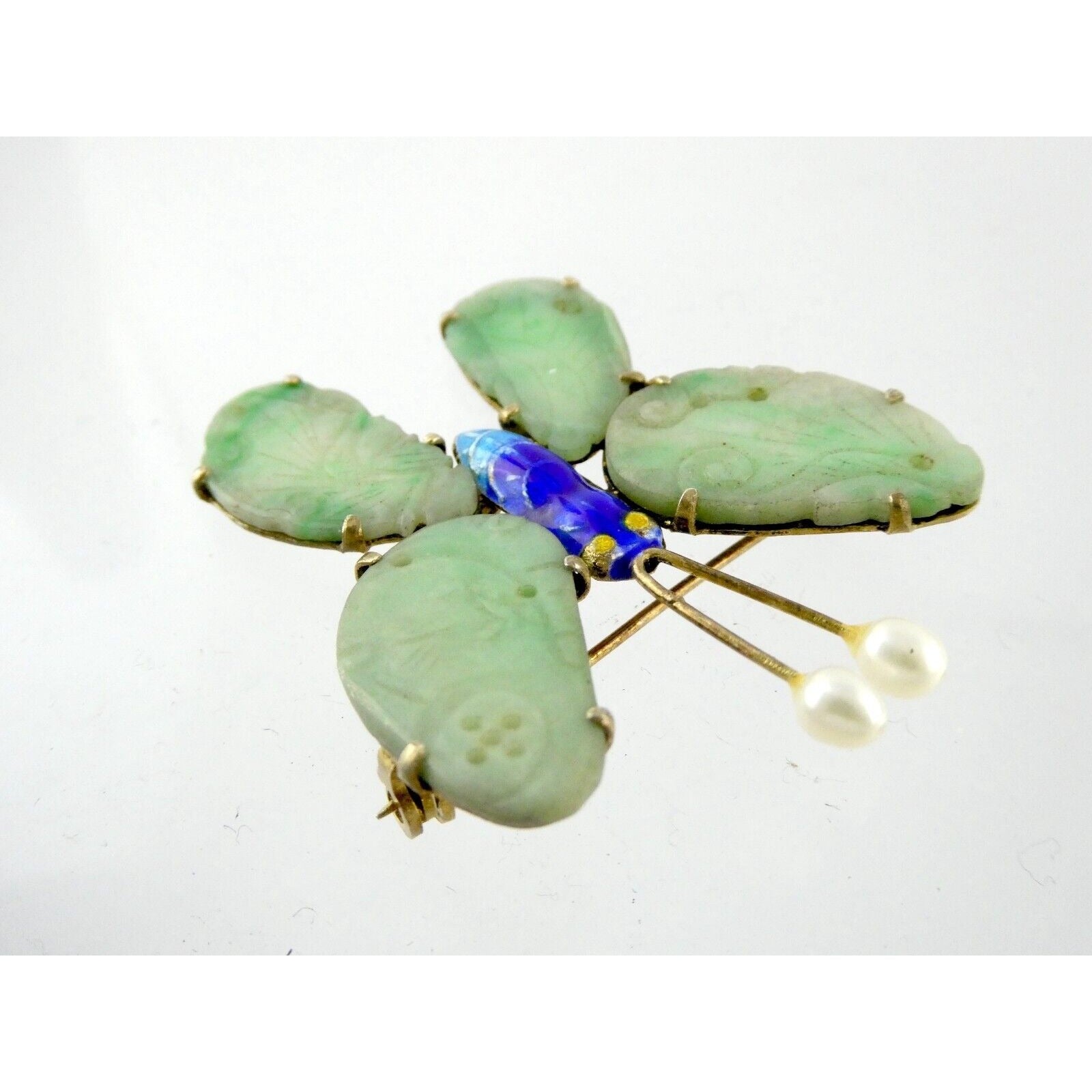 Vintage Chinese Export Gilded Silver Enamel and Carved Jade Butterfly Pin Brooch