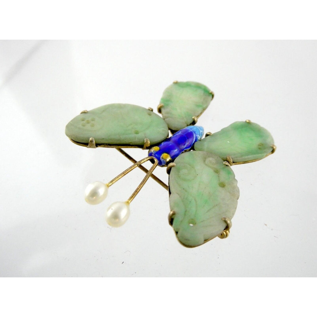 Vintage Chinese Export Gilded Silver Enamel and Carved Jade Butterfly Pin Brooch