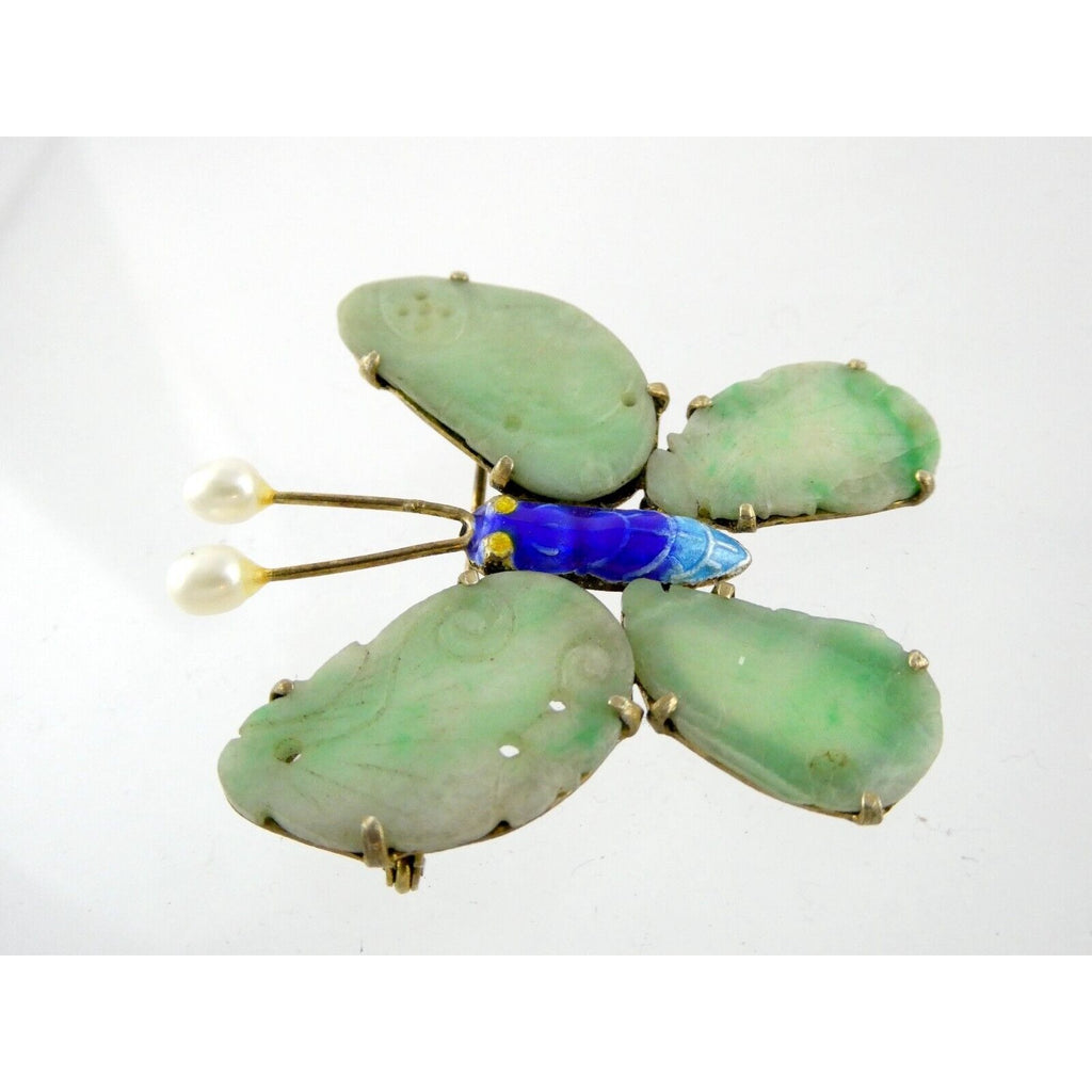 Vintage Chinese Export Gilded Silver Enamel and Carved Jade Butterfly Pin Brooch