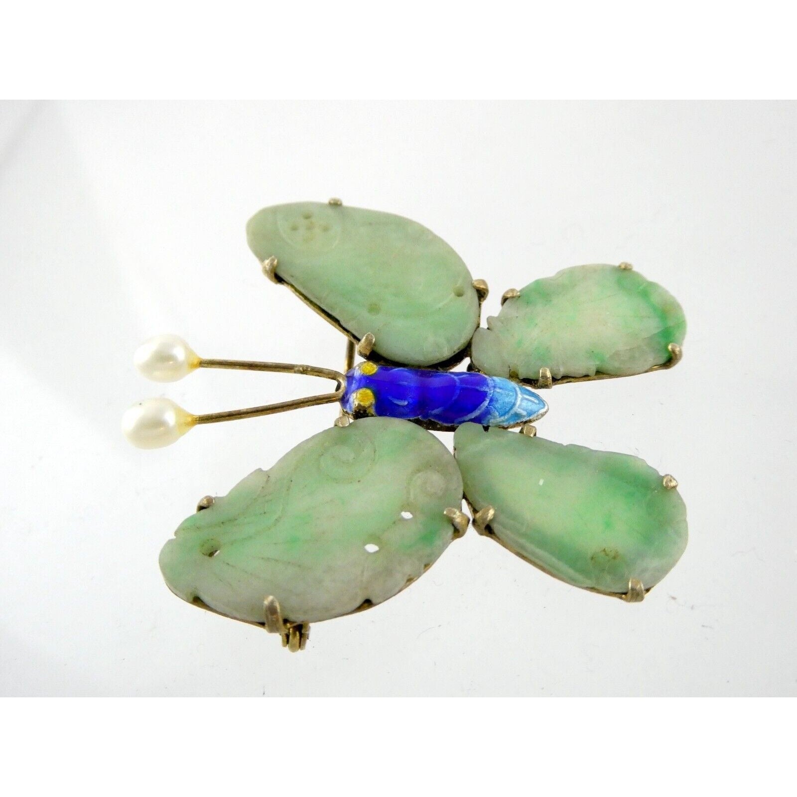 Vintage Chinese Export Gilded Silver Enamel and Carved Jade Butterfly Pin Brooch