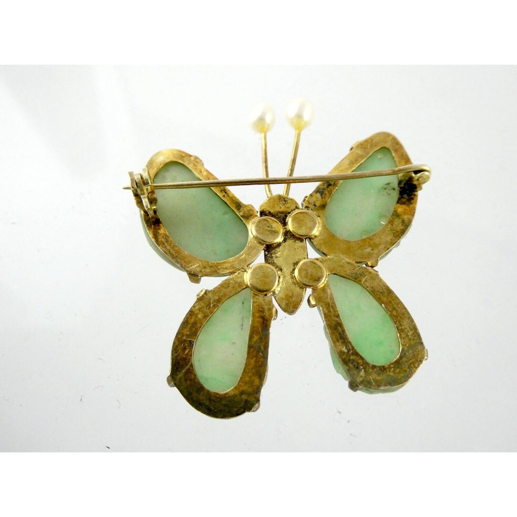 Vintage Chinese Export Gilded Silver Enamel and Carved Jade Butterfly Pin Brooch