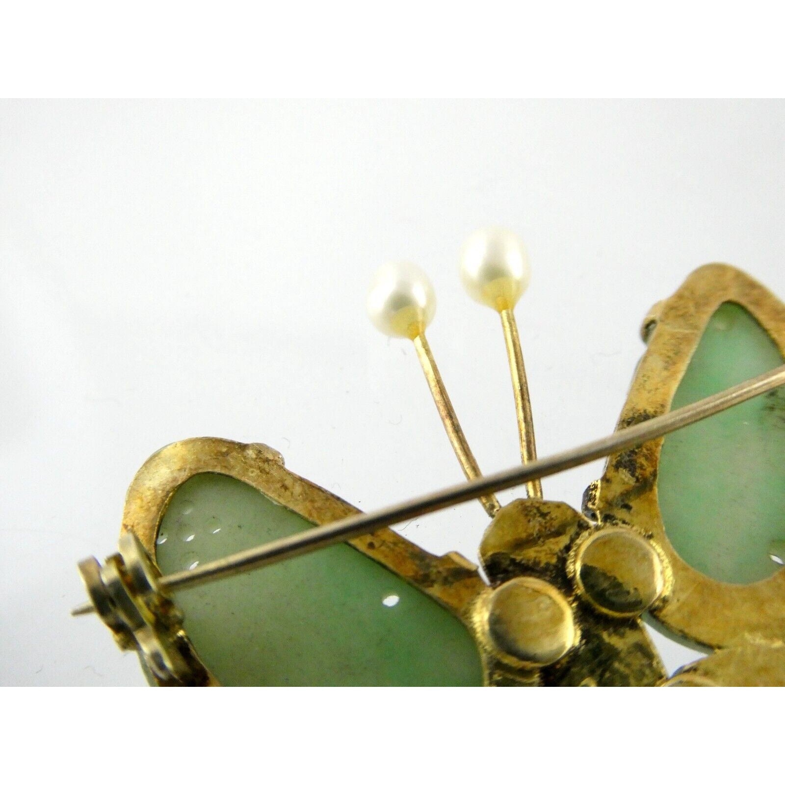 Vintage Chinese Export Gilded Silver Enamel and Carved Jade Butterfly Pin Brooch