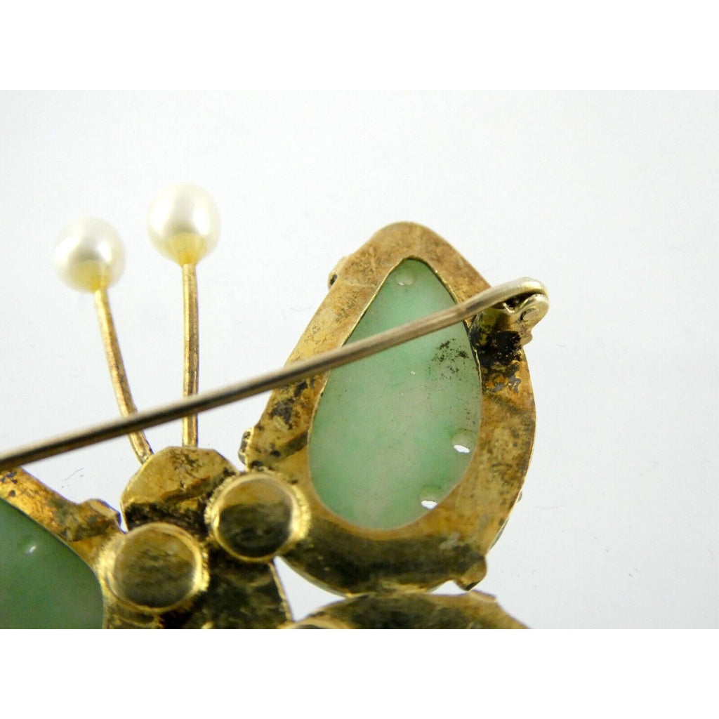 Vintage Chinese Export Gilded Silver Enamel and Carved Jade Butterfly Pin Brooch
