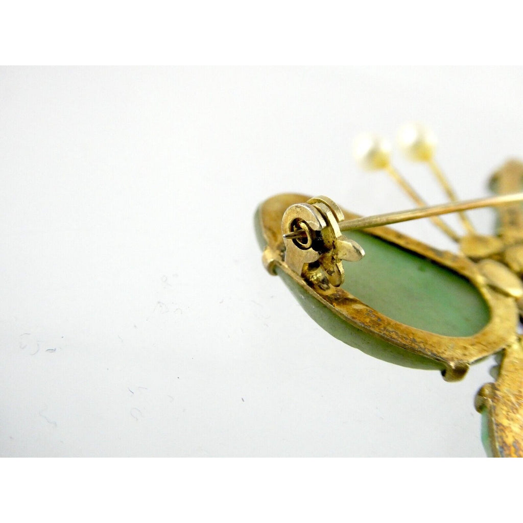 Vintage Chinese Export Gilded Silver Enamel and Carved Jade Butterfly Pin Brooch
