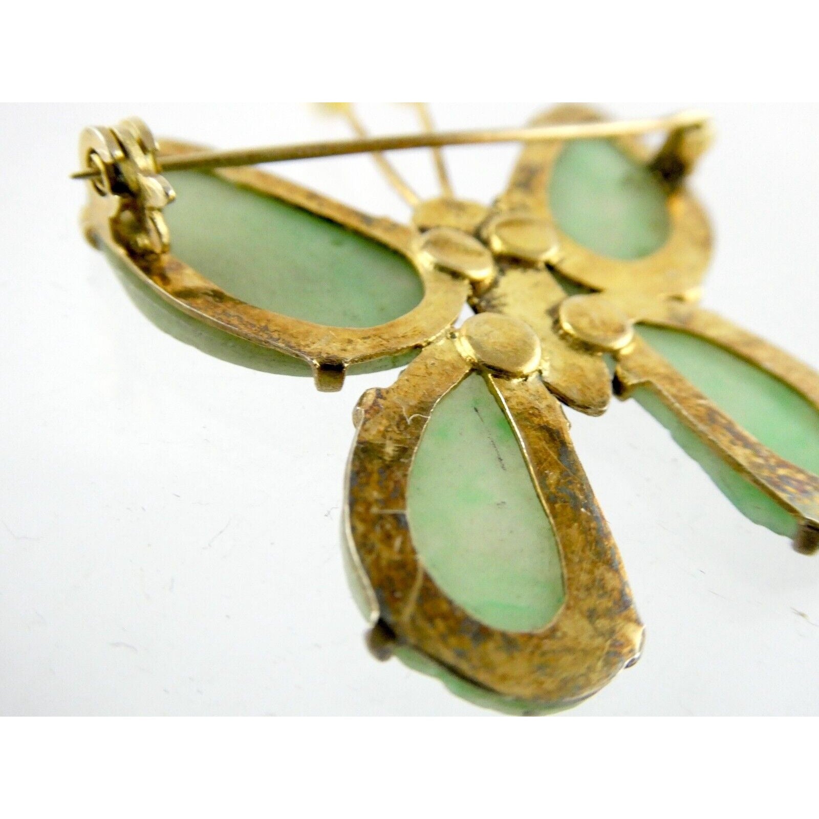 Vintage Chinese Export Gilded Silver Enamel and Carved Jade Butterfly Pin Brooch