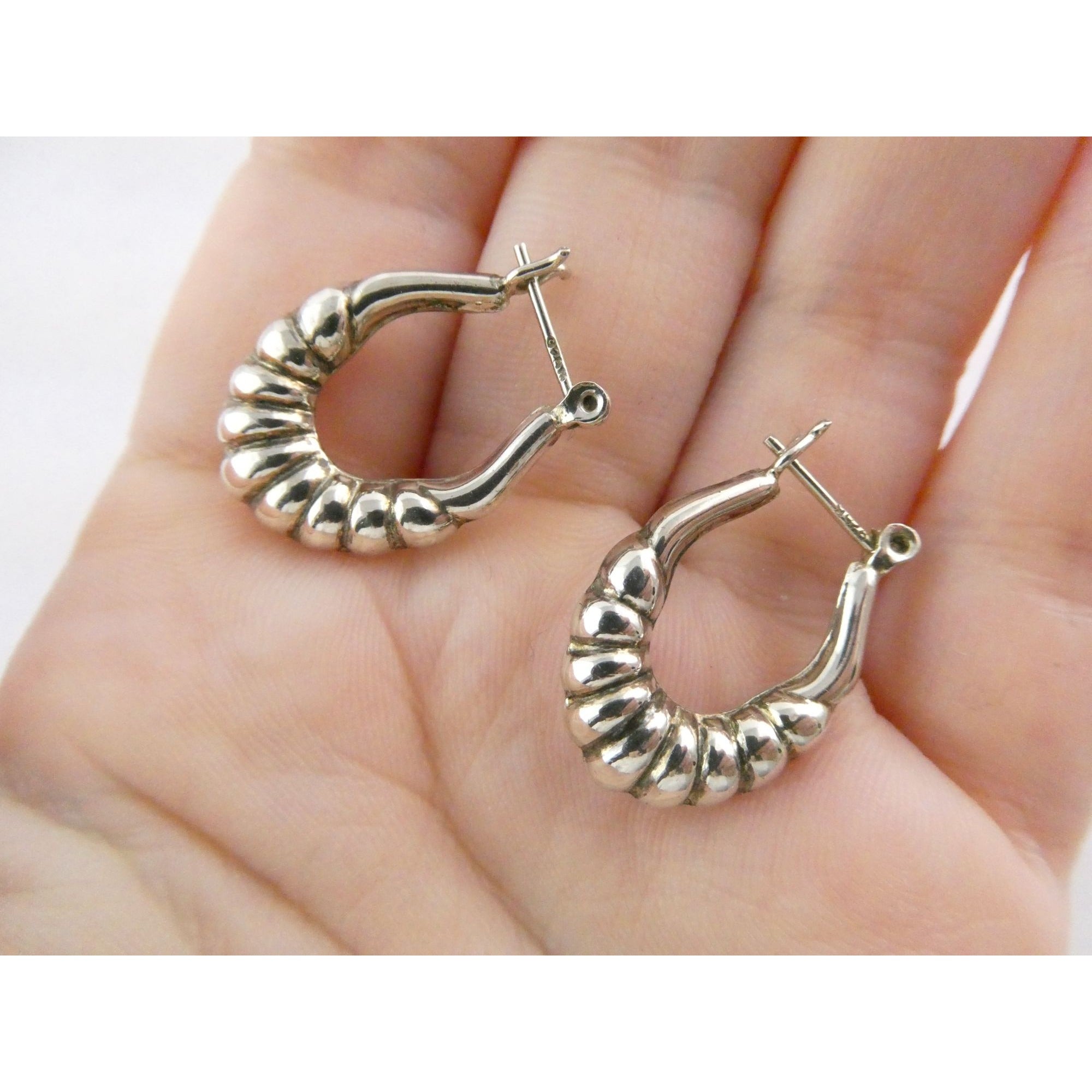 Sterling Silver Ridged Design Hoop Earrings 925 3.1g 24mm Length