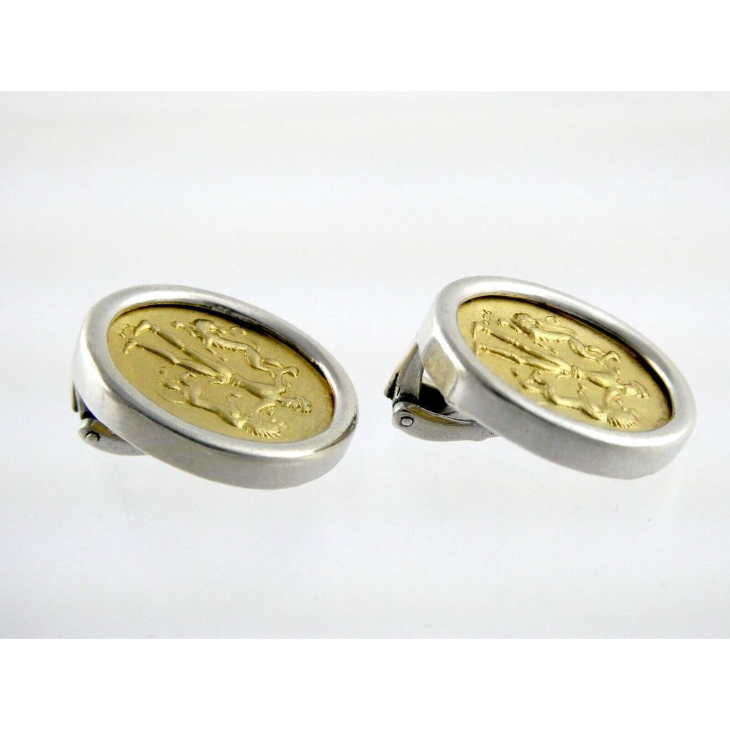 Ilias Lalaounis Greece Sterling Silver 18k Gold Hercules Lions Clip on Earrings