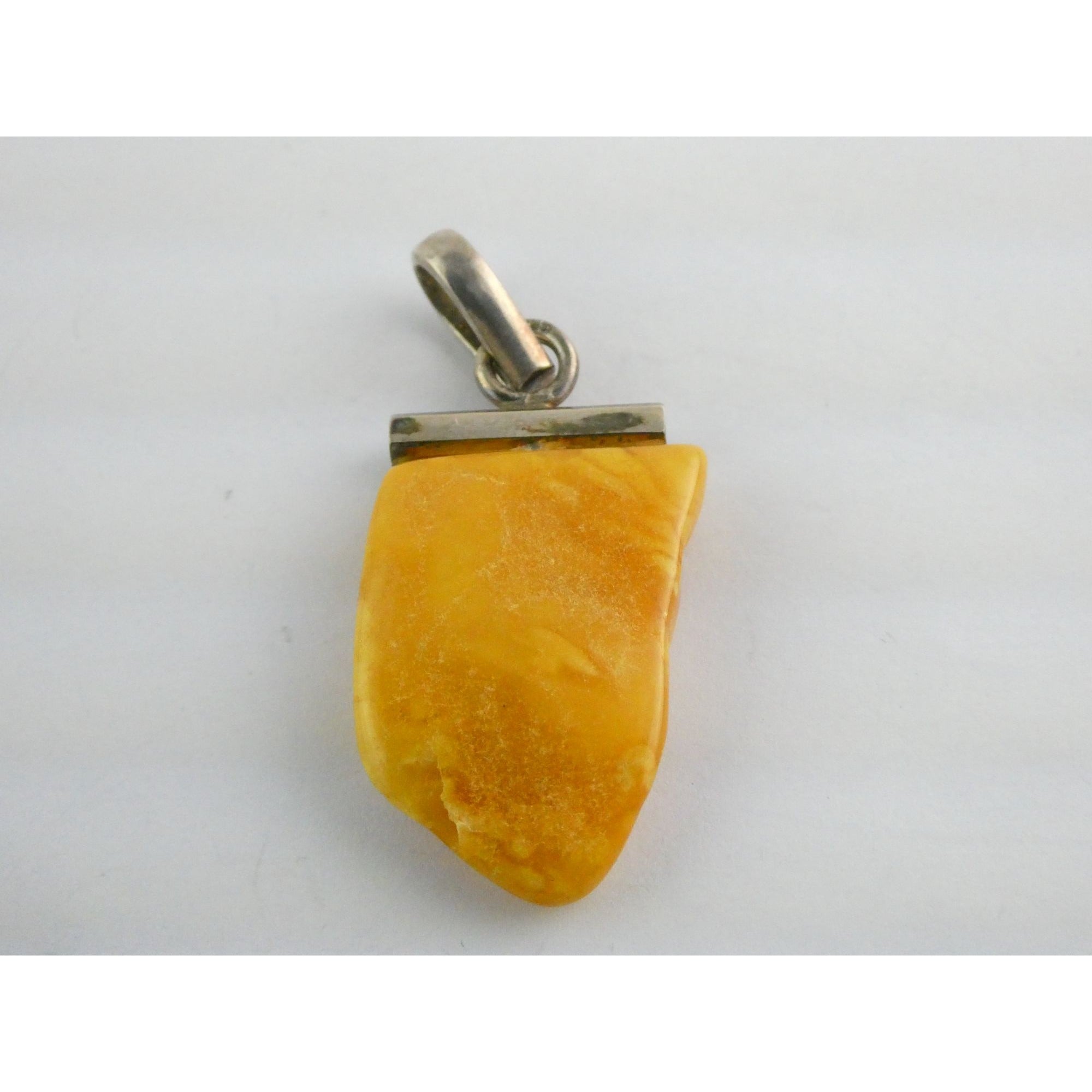 Vintage Sterling Silver Freeform Butterscotch Egg Yolk Amber Pendant 6.7g 2 Inch