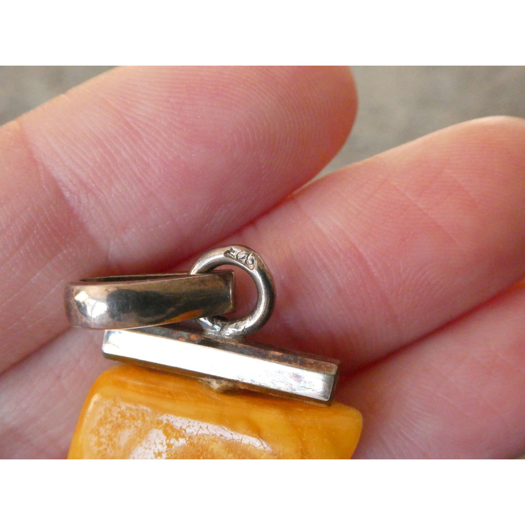 Vintage Sterling Silver Freeform Butterscotch Egg Yolk Amber Pendant 6.7g 2 Inch
