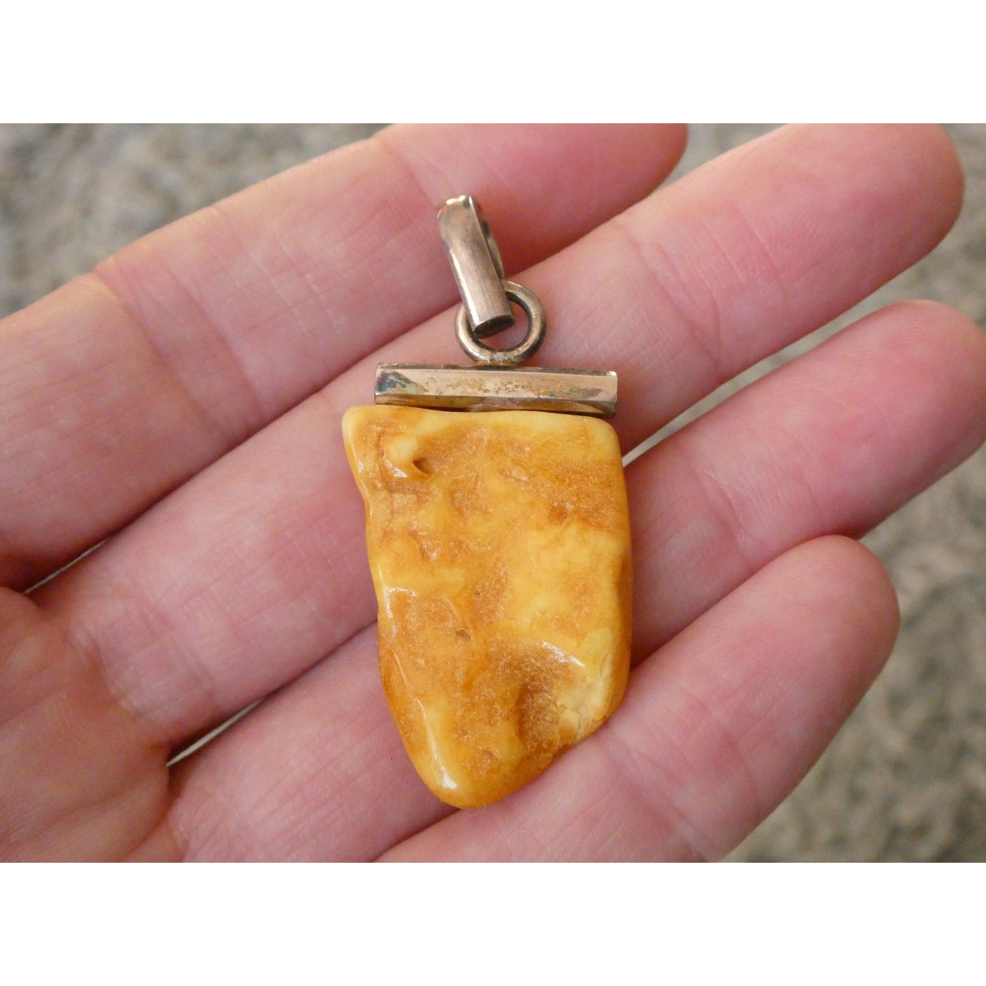 Vintage Sterling Silver Freeform Butterscotch Egg Yolk Amber Pendant 6.7g 2 Inch