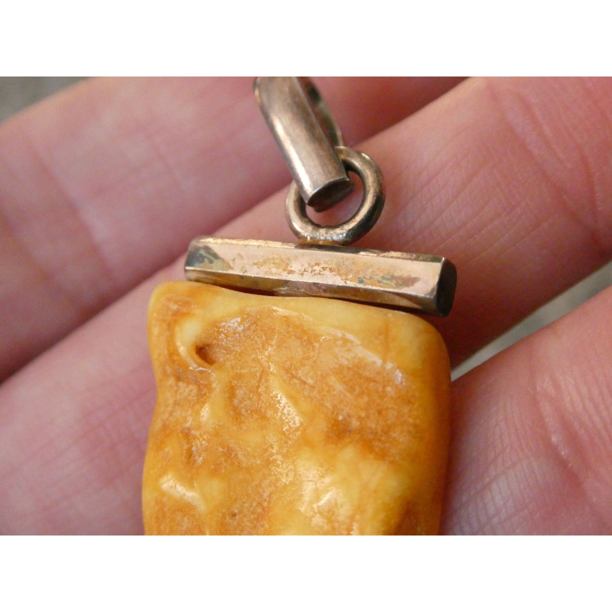 Vintage Sterling Silver Freeform Butterscotch Egg Yolk Amber Pendant 6.7g 2 Inch