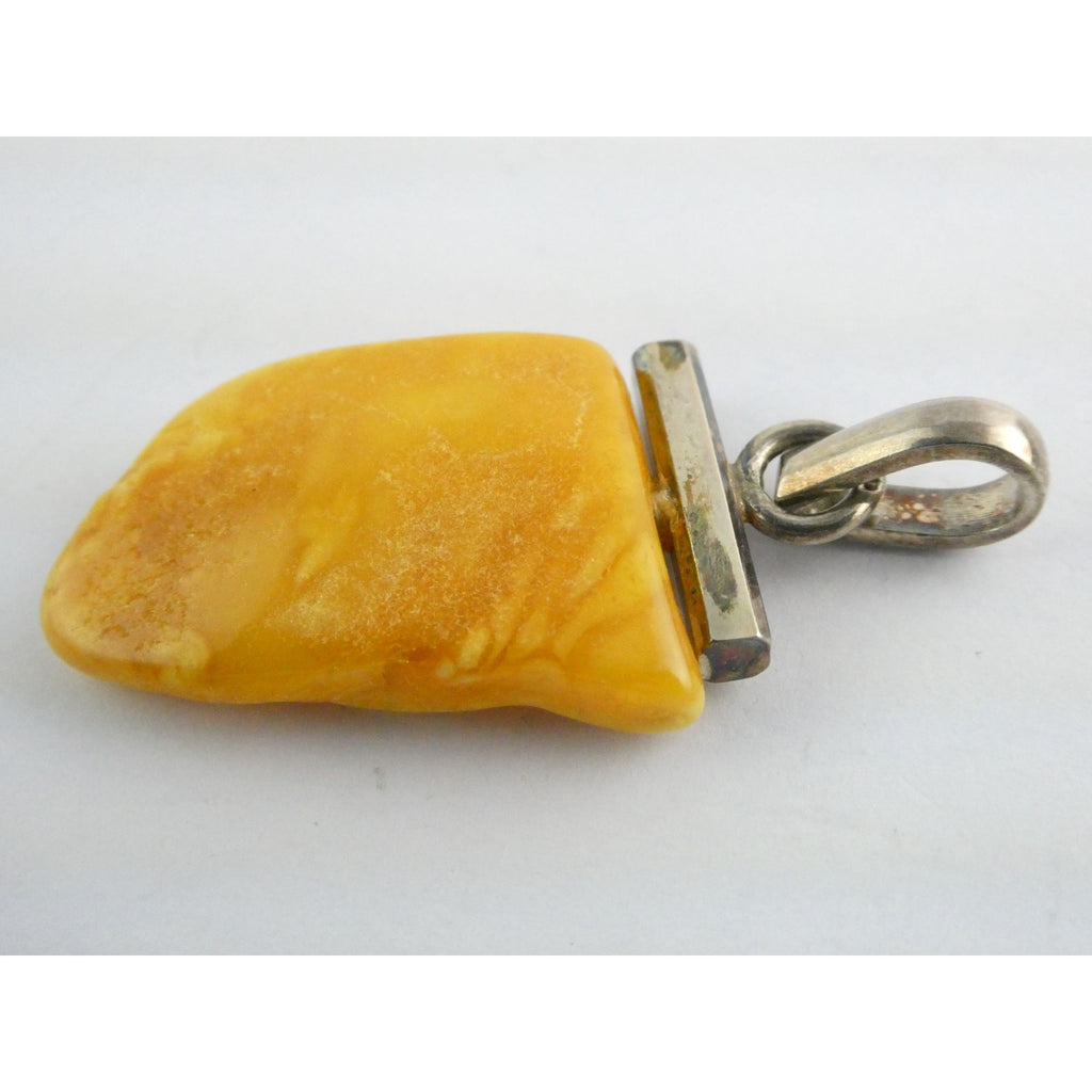 Vintage Sterling Silver Freeform Butterscotch Egg Yolk Amber Pendant 6.7g 2 Inch