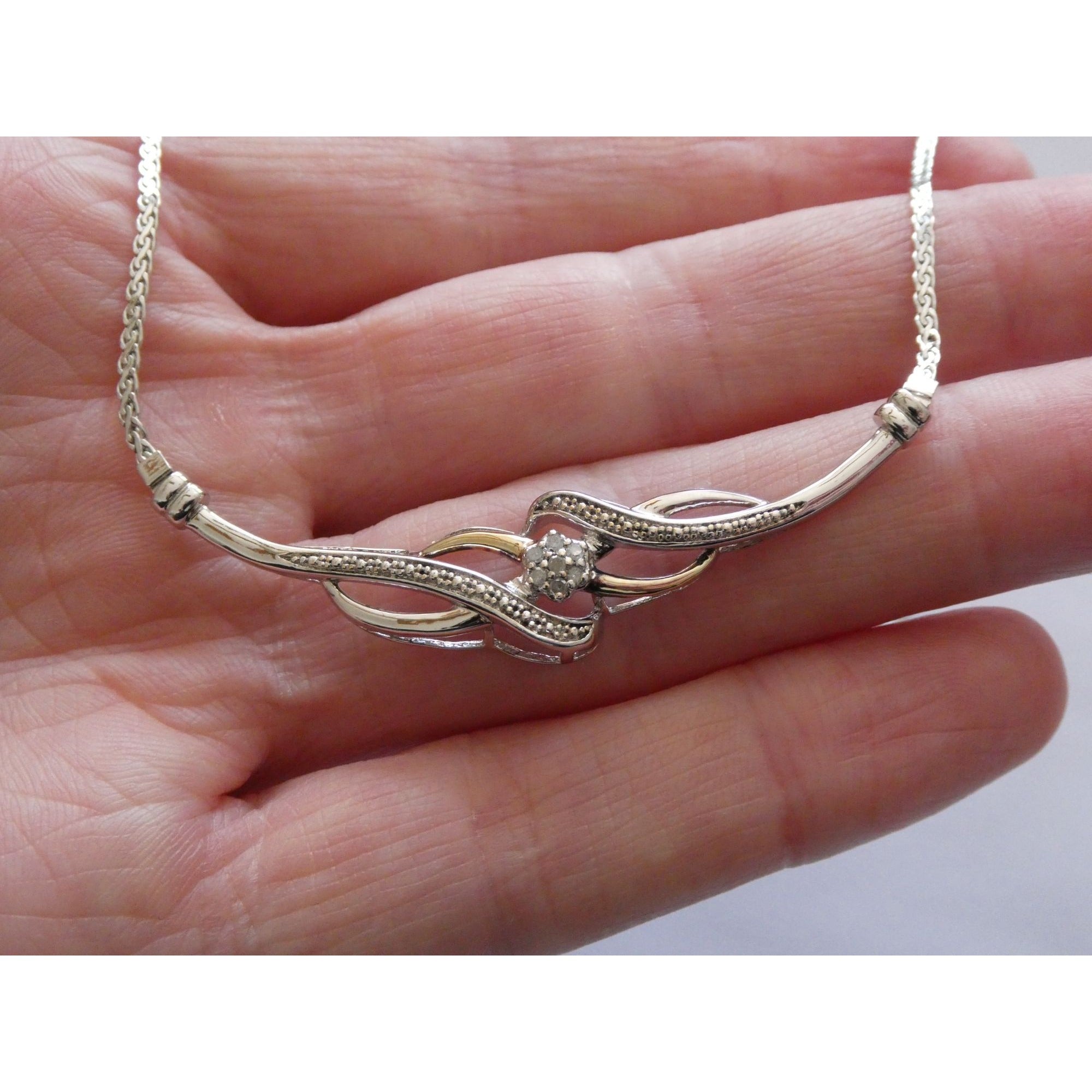 Italian Sterling Silver and Gilt Accent Natural Diamond Necklace 17.5 Inches 6g