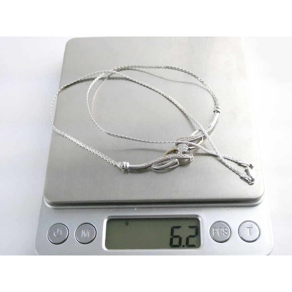 Italian Sterling Silver and Gilt Accent Natural Diamond Necklace 17.5 Inches 6g